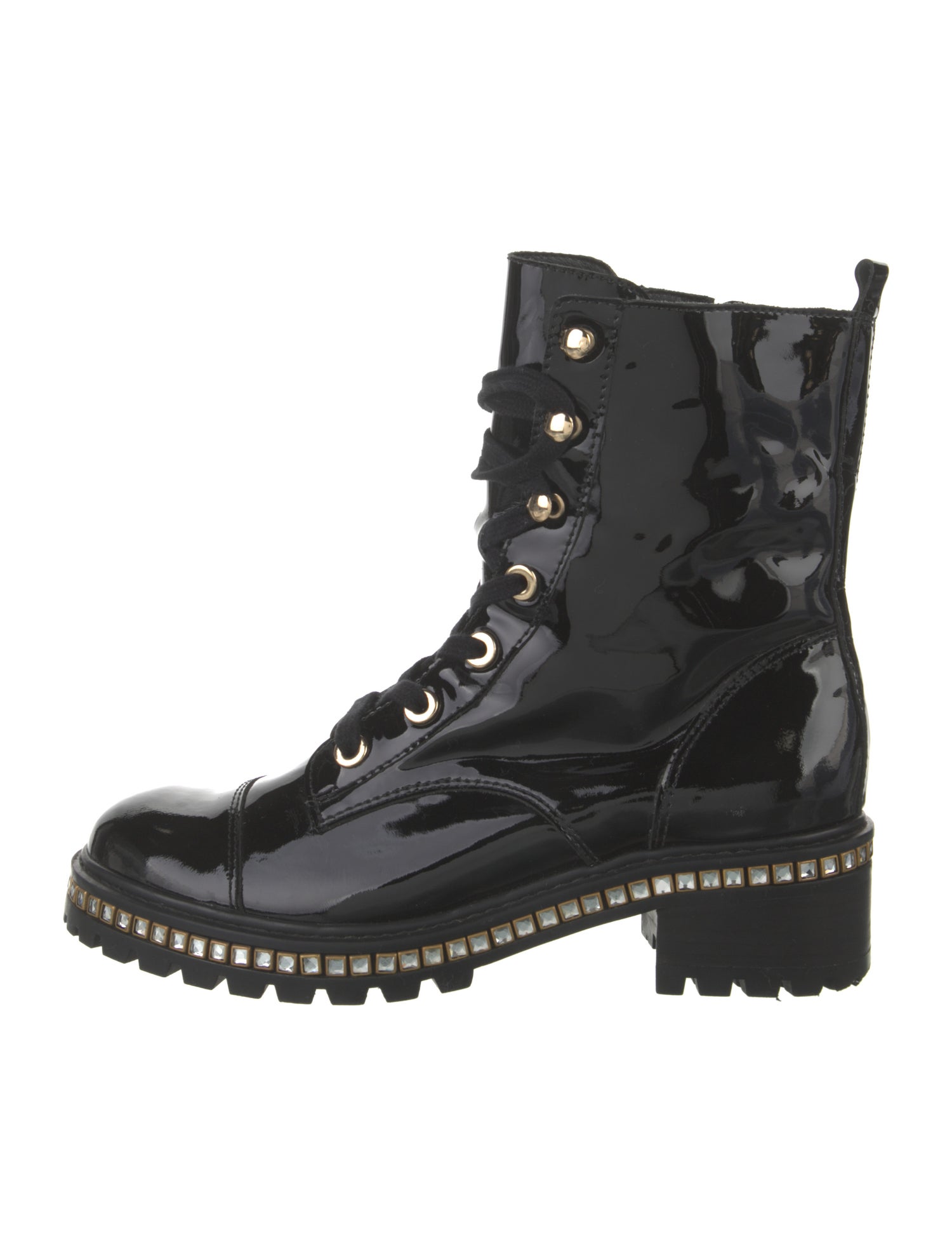 Schutz Patent Leather Crystal Embellishments Combat Boots
