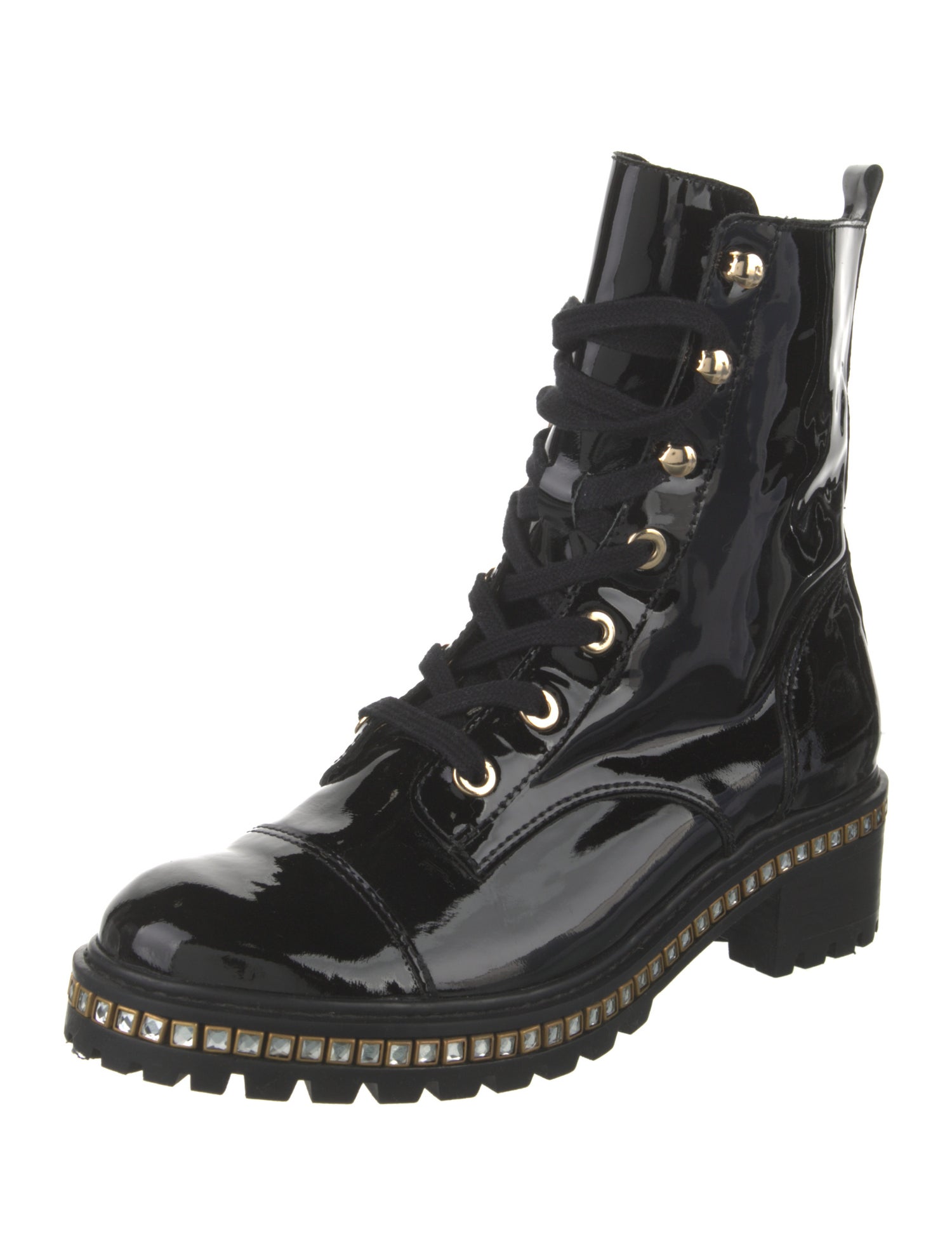 Schutz Patent Leather Crystal Embellishments Combat Boots