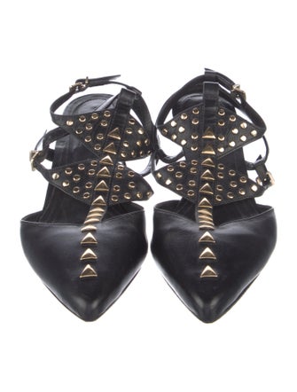 Schutz Leather Studded Accents T-Strap Pumps