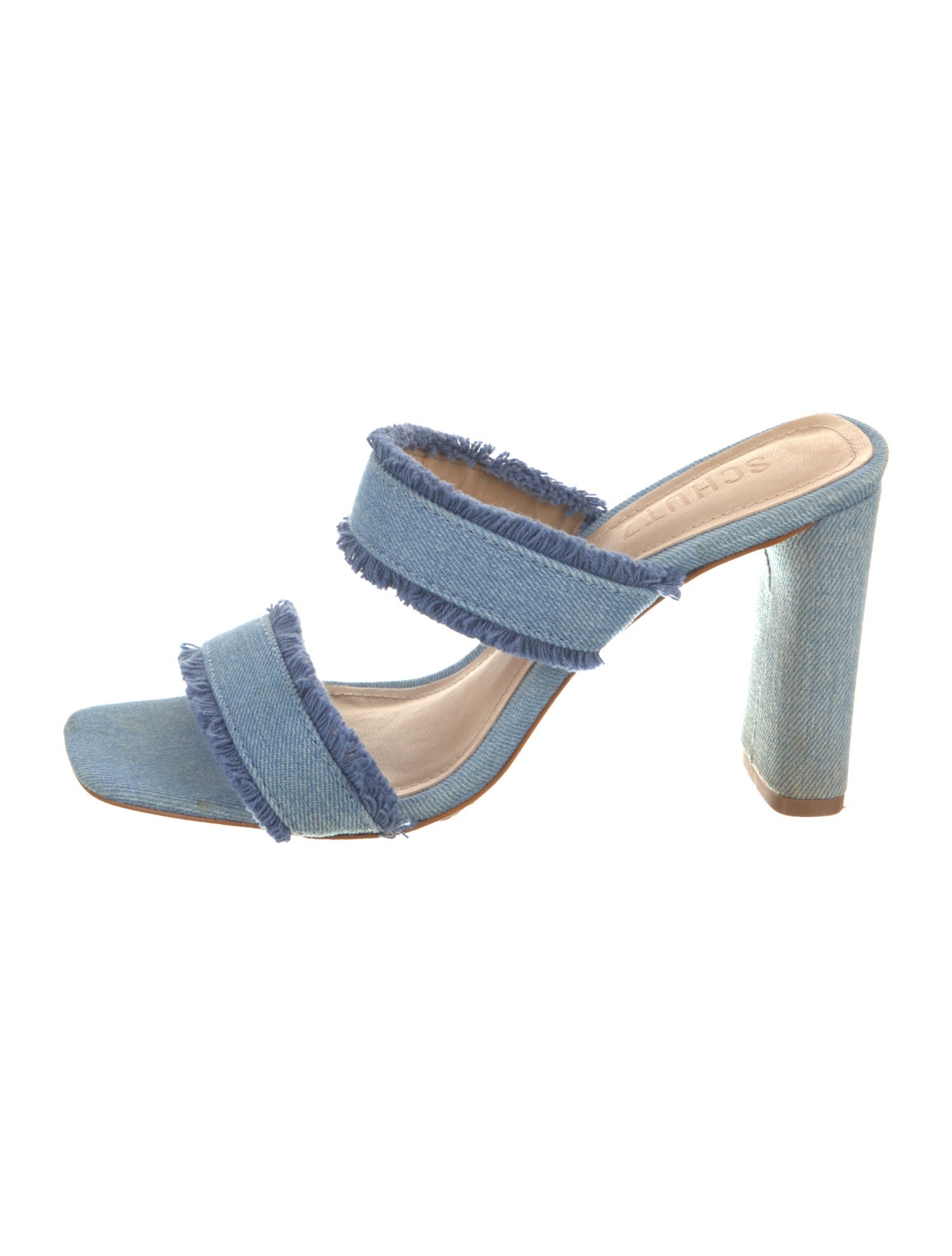 Schutz Denim Raw-Edge Trim Slides