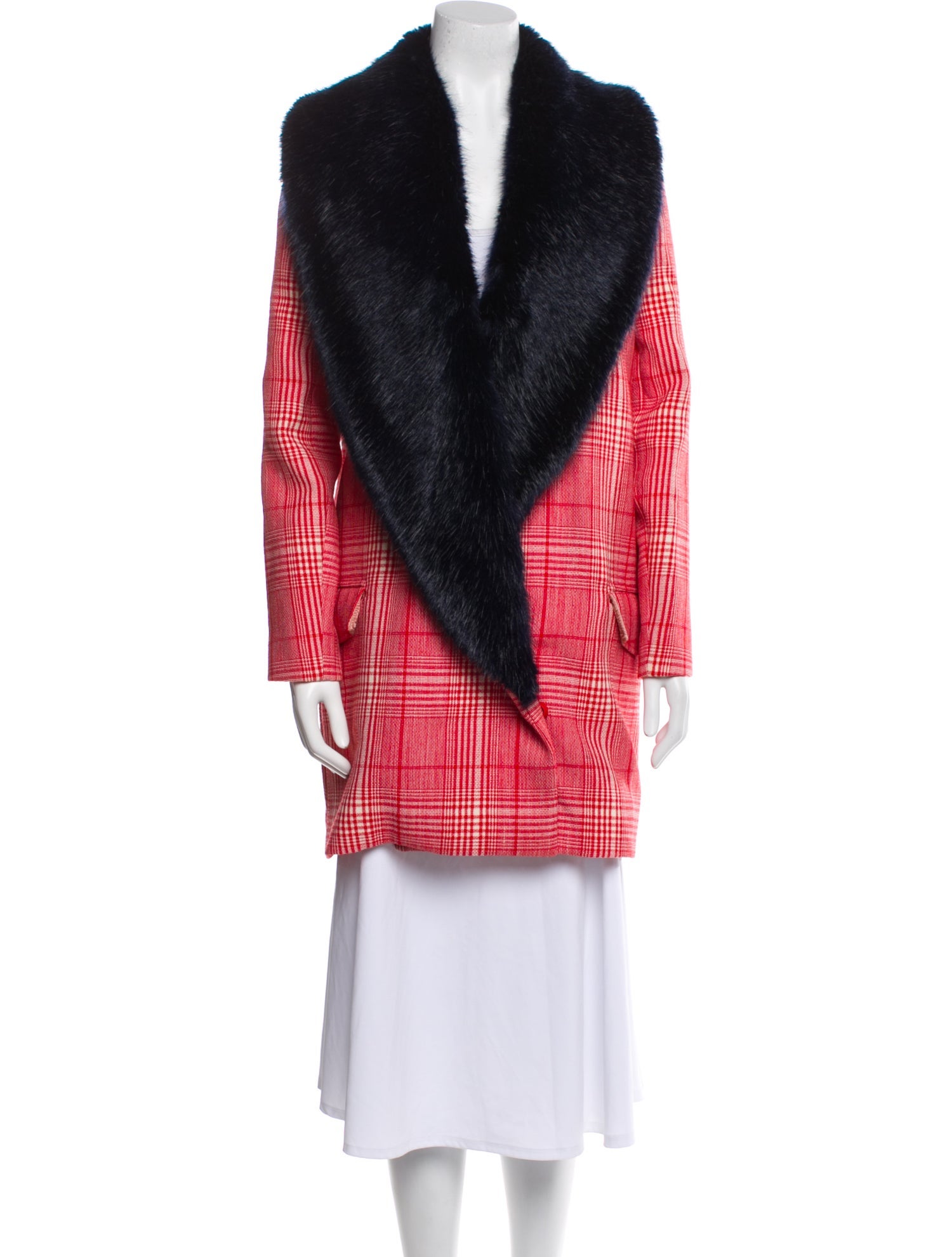 Shrimps Wool Plaid Print Faux Fur Coat