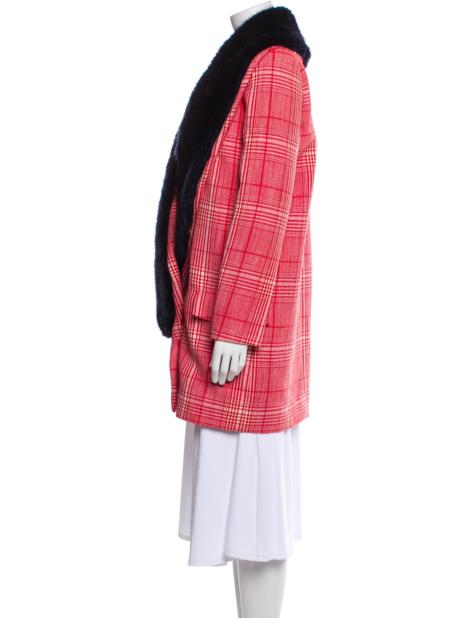 Shrimps Wool Plaid Print Faux Fur Coat