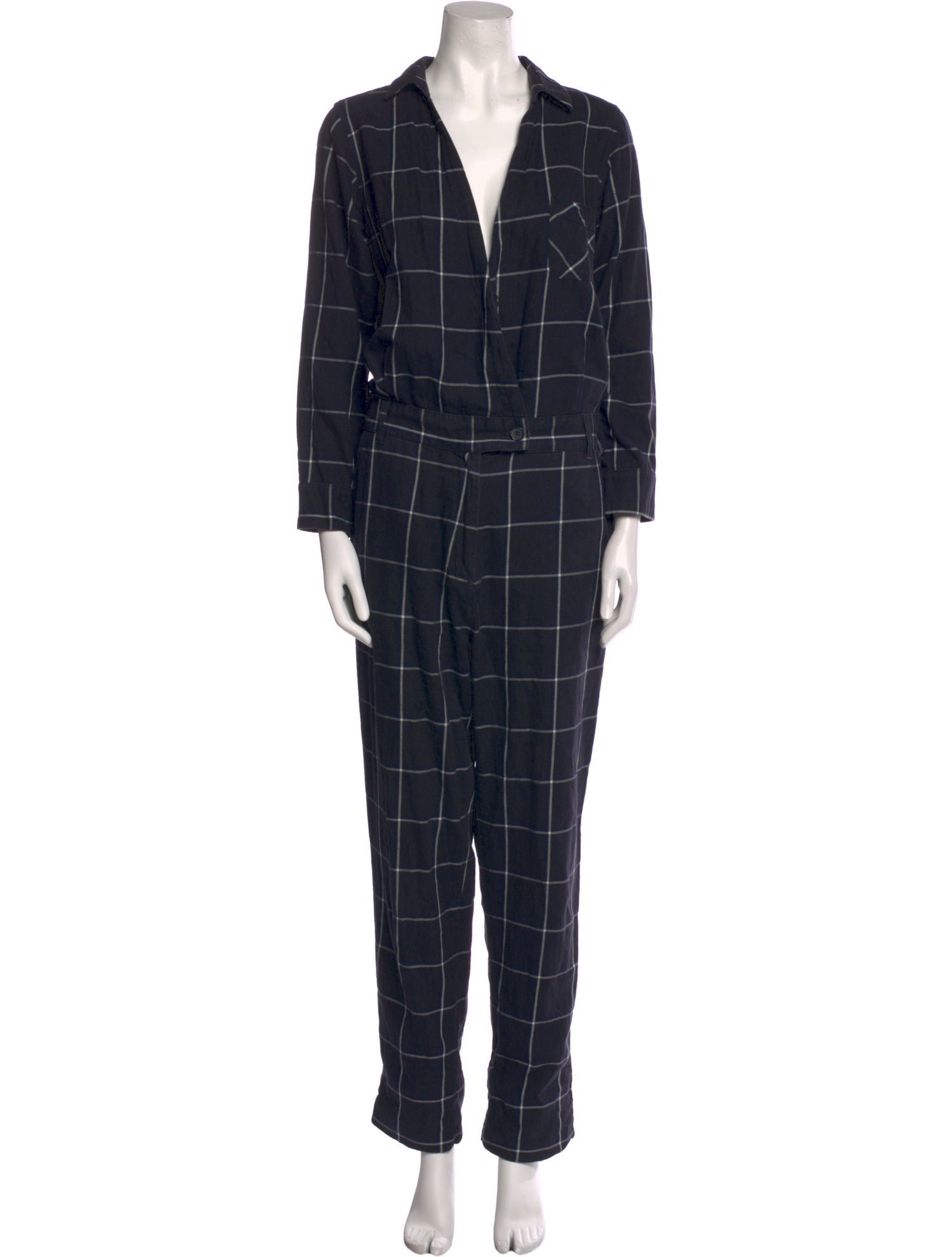 Solid & Striped Plaid Print V-Neck Jumpsuit