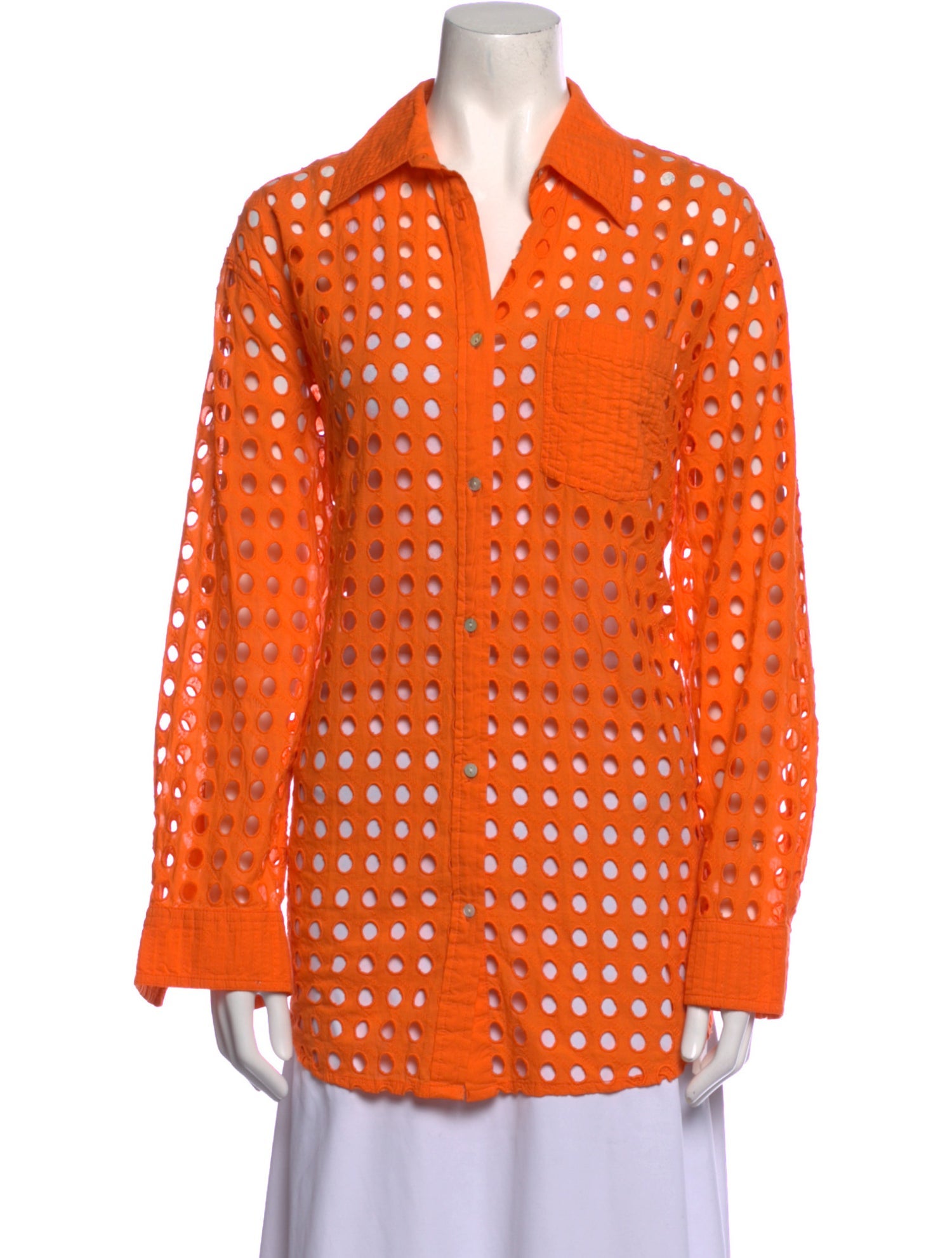 Solid & Striped Lace Pattern Long Sleeve Button-Up Top