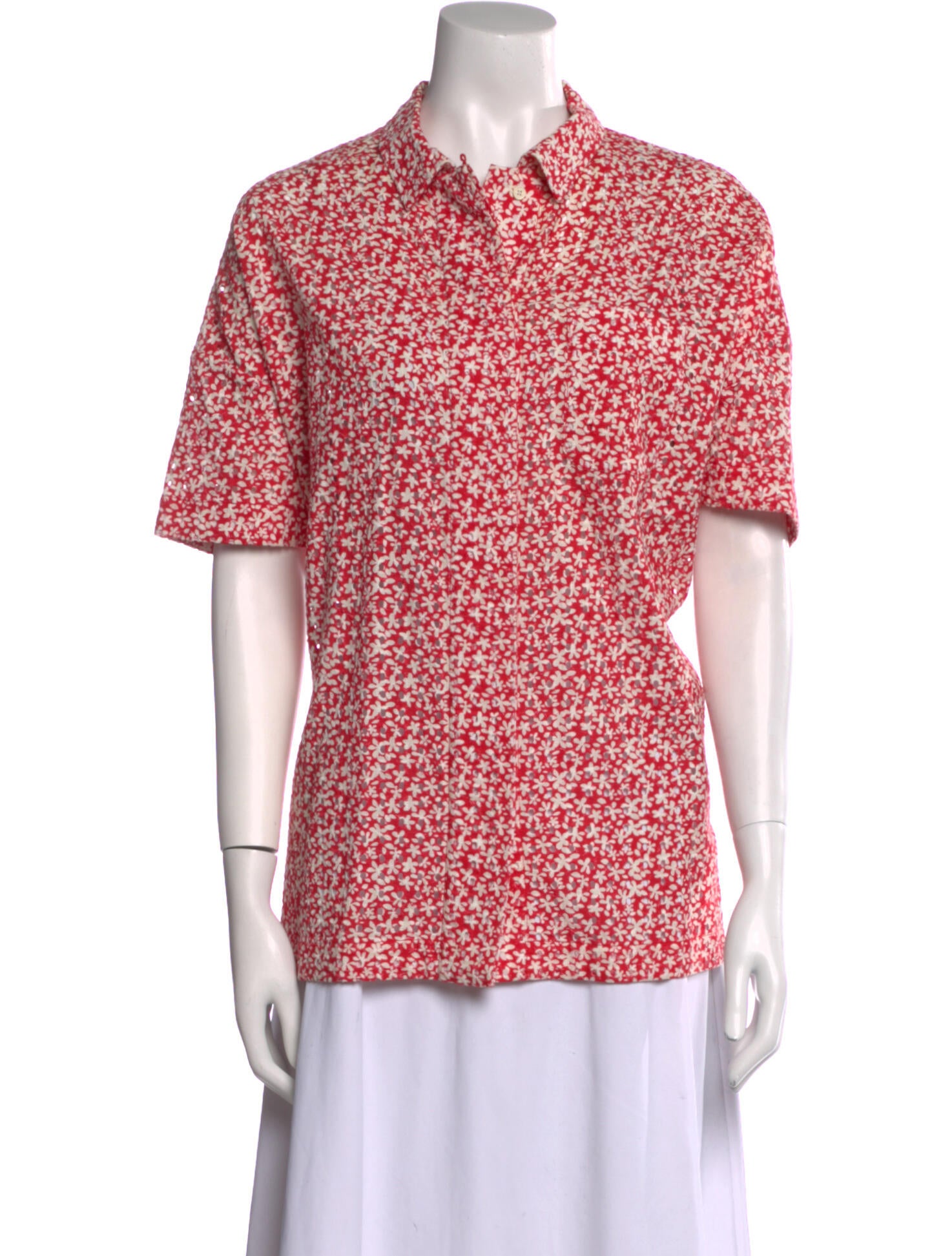 Solid & Striped Floral Print Short Sleeve Button-Up Top