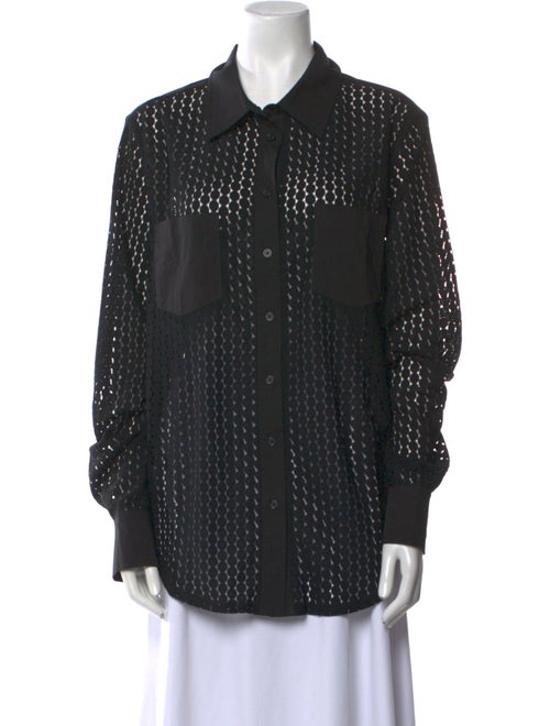 Solid & Striped Lace Pattern Long Sleeve Button-Up Top