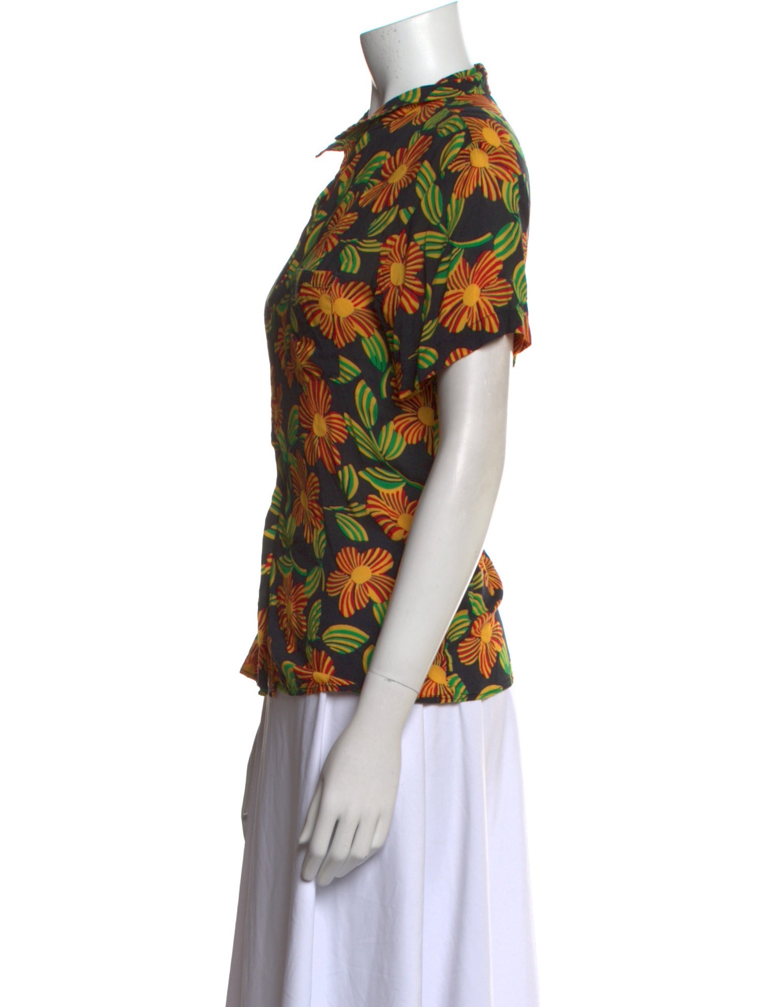 Solid & Striped Floral Print Short Sleeve Button-Up Top