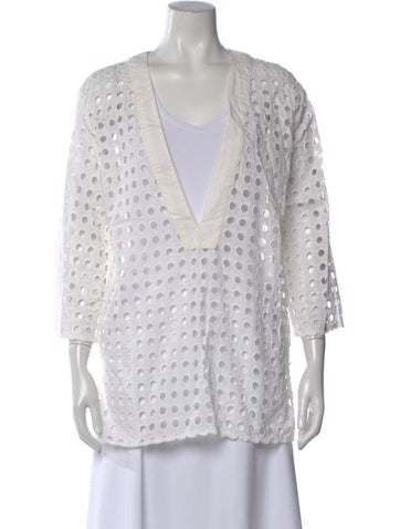 Pre-owned Solid & Striped Plunge Neckline Three-quarter Sleeve Tunic In White