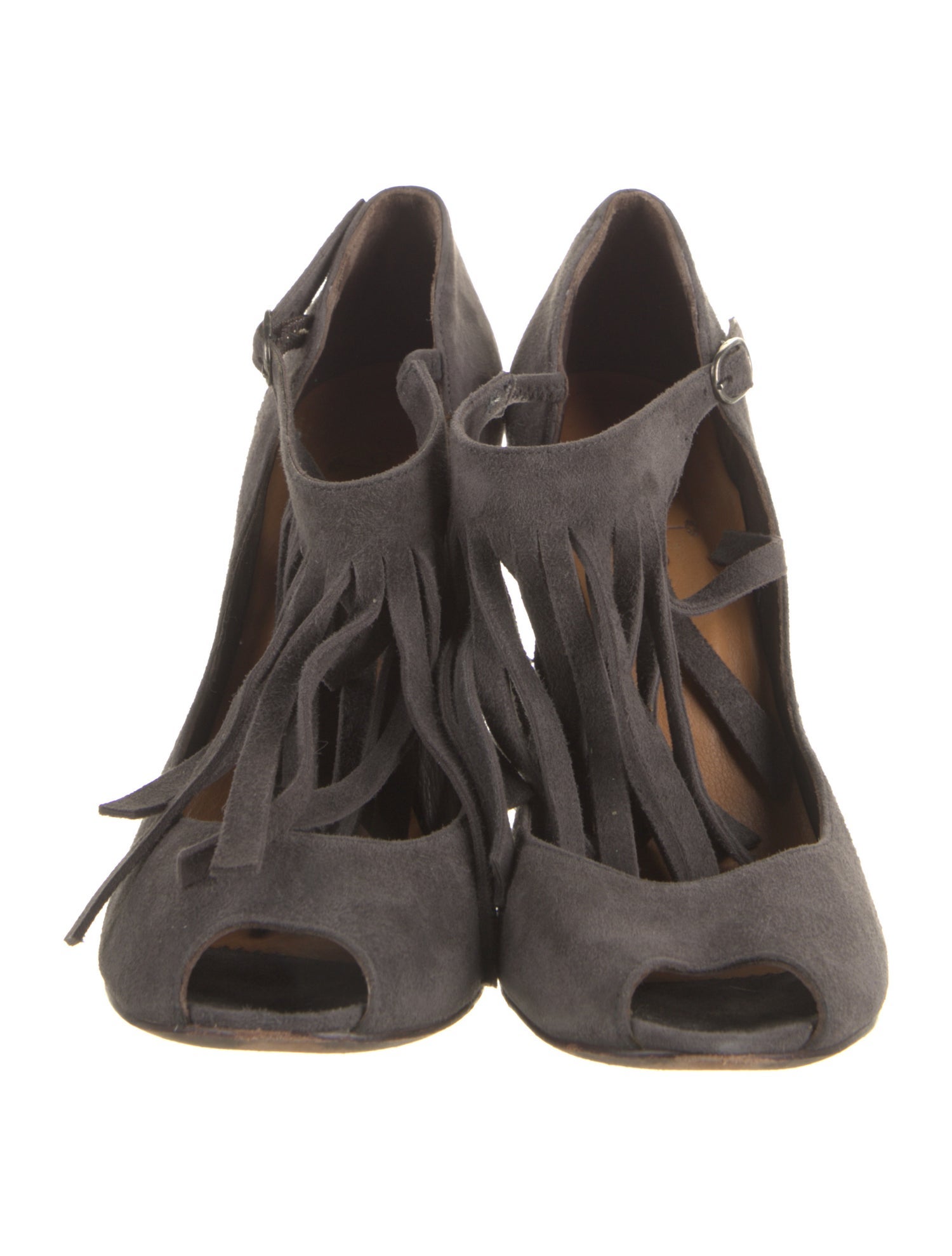 Coclico Suede Fringe Trim Accent T-Strap Pumps