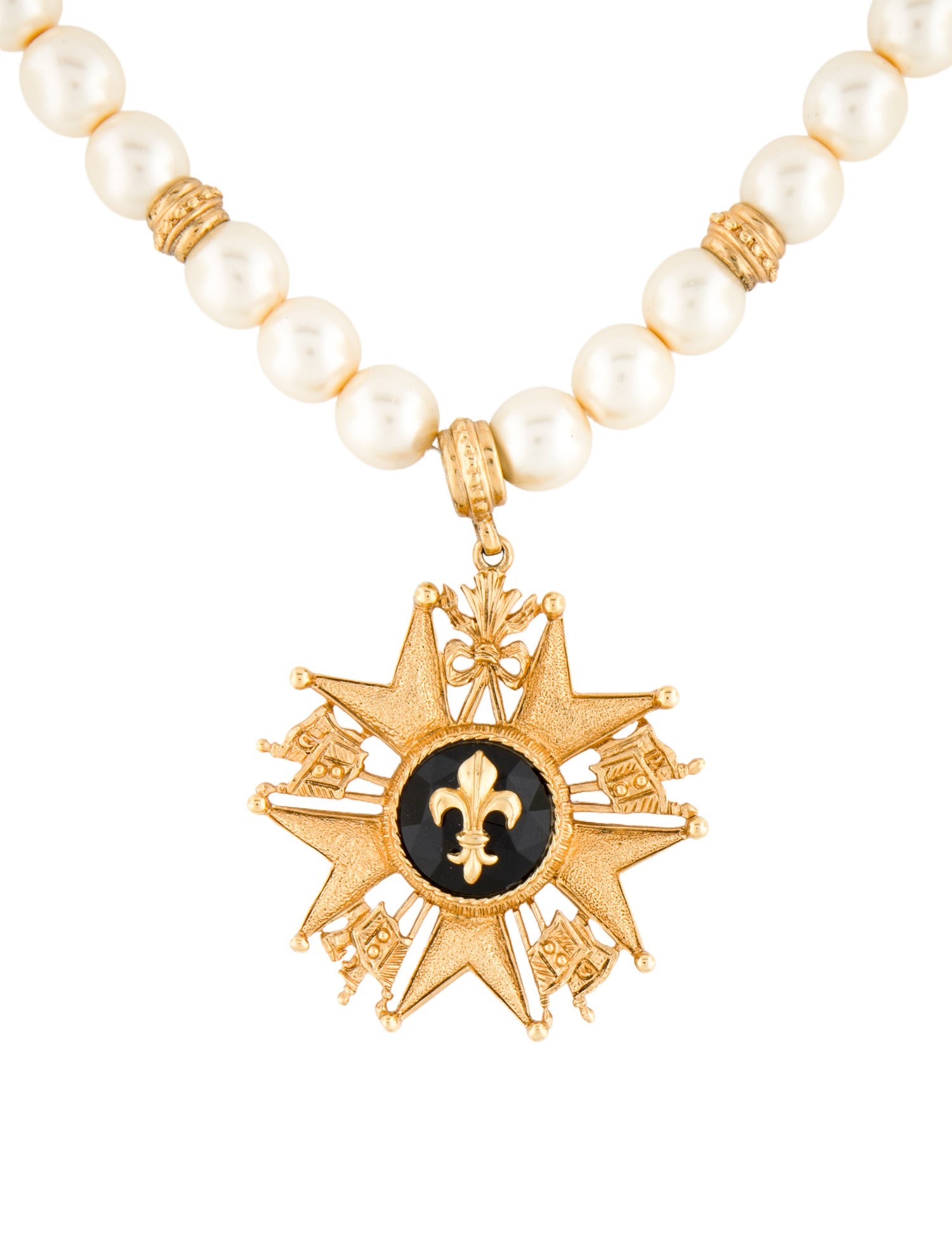 Ben-Amun Faux Pearl Fluer-De-Lis Medal Pendant Necklace