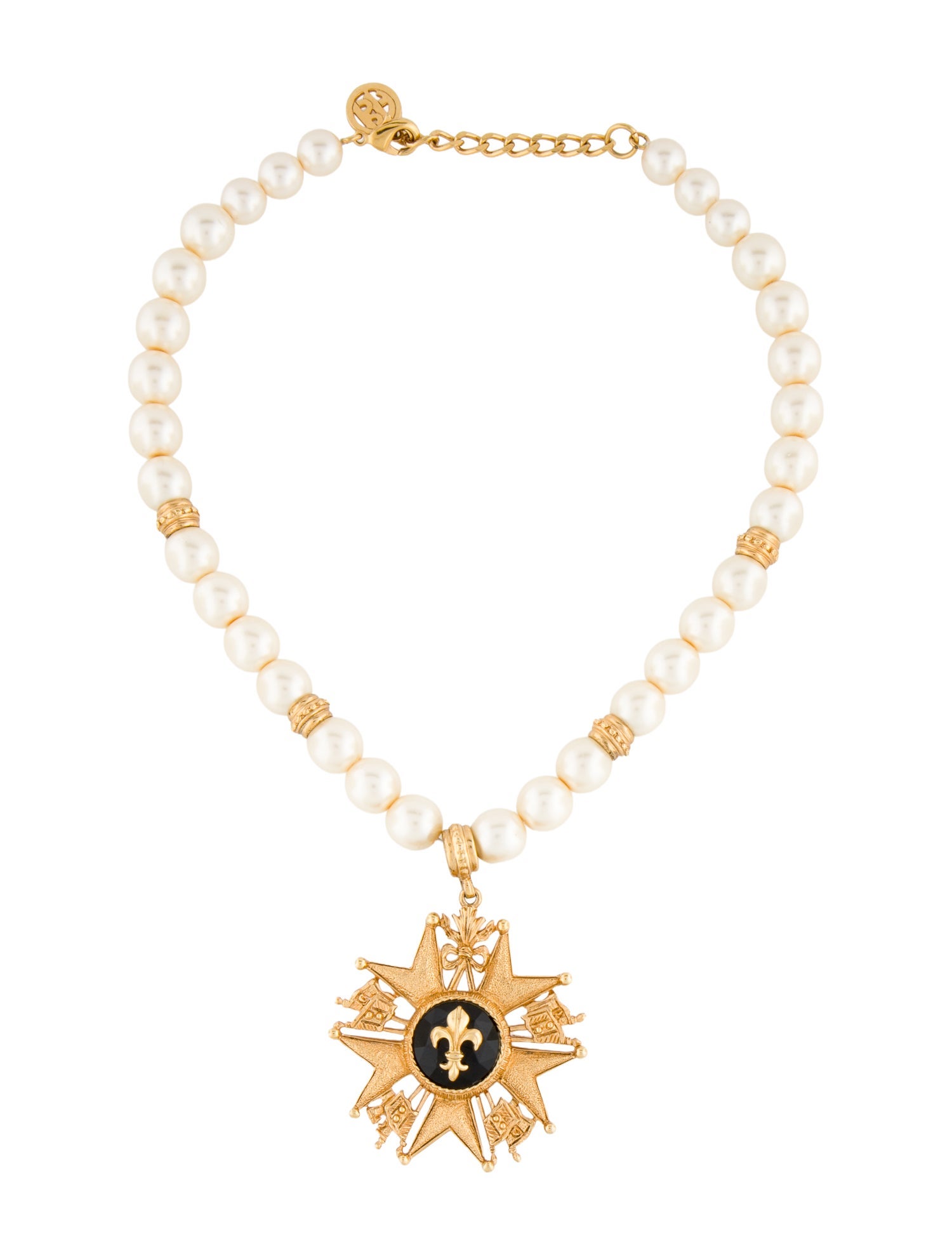 Ben-Amun Faux Pearl Fluer-De-Lis Medal Pendant Necklace