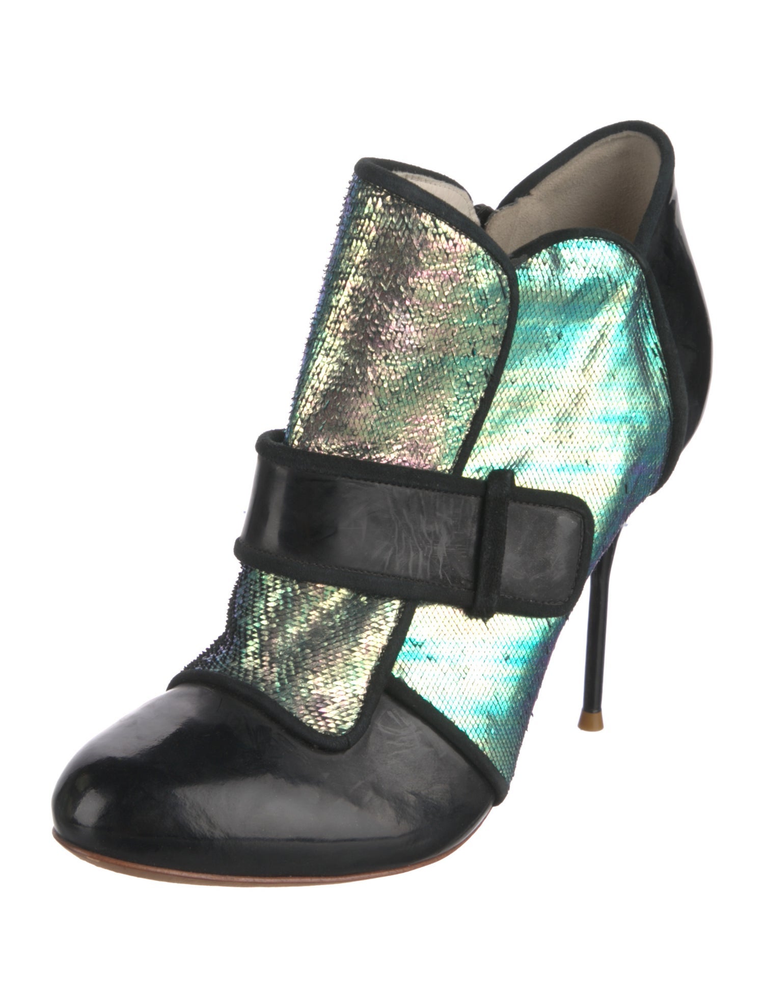 Sophia Webster Patent Leather Colorblock Pattern T-Strap Pumps