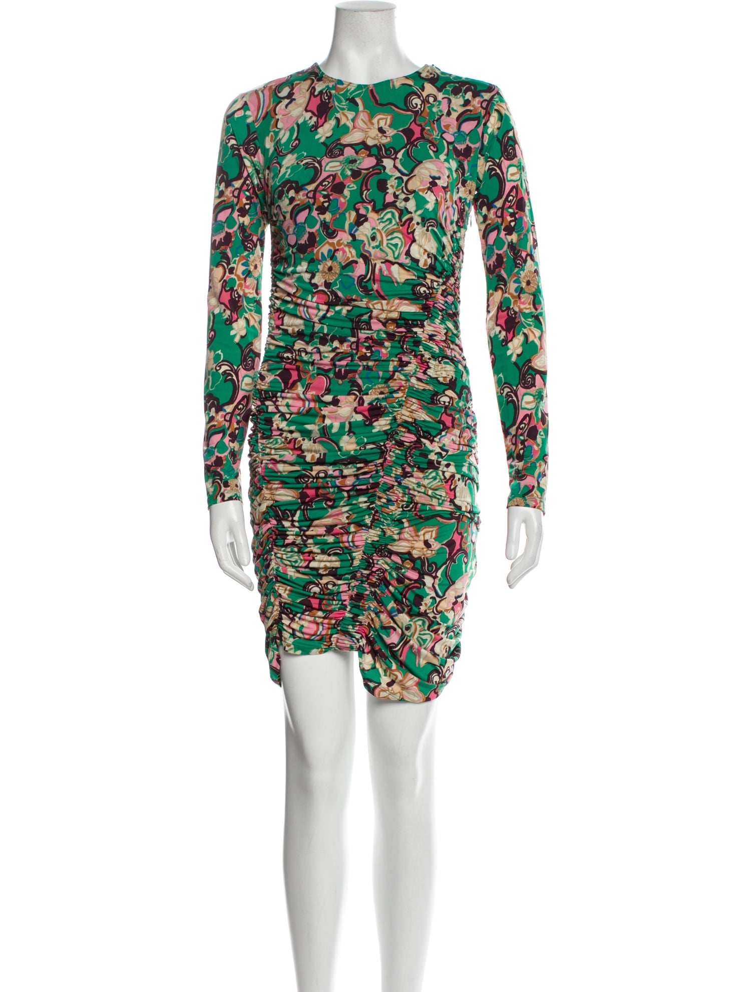 A.L.C. A.l.c. Shift Dress Green Printed Pleated Accents Long Sleeve