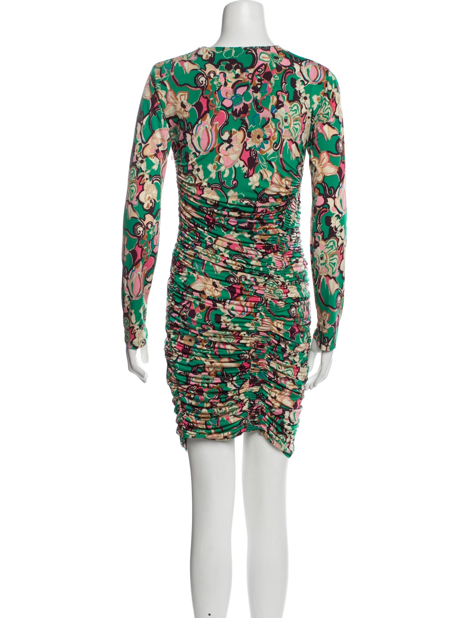 A.L.C. A.l.c. Shift Dress Green Printed Pleated Accents Long Sleeve