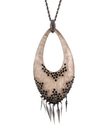 Alexis Bittar Pendant Necklace Lucite Studded Oval Fringe