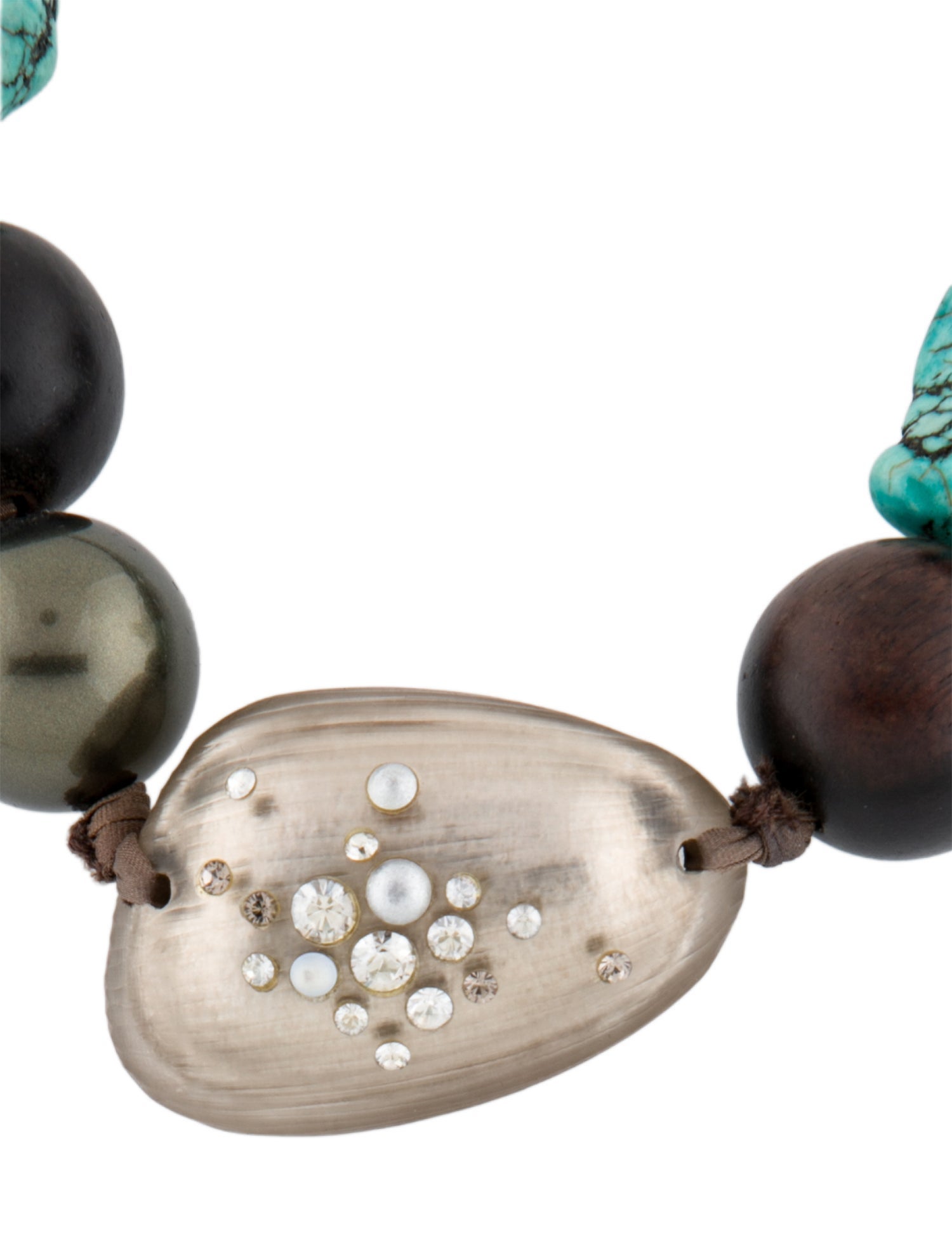 Alexis Bittar Blue Stone, Lucite, Crystal, Ribbon, and Wood Bead Strand Necklace