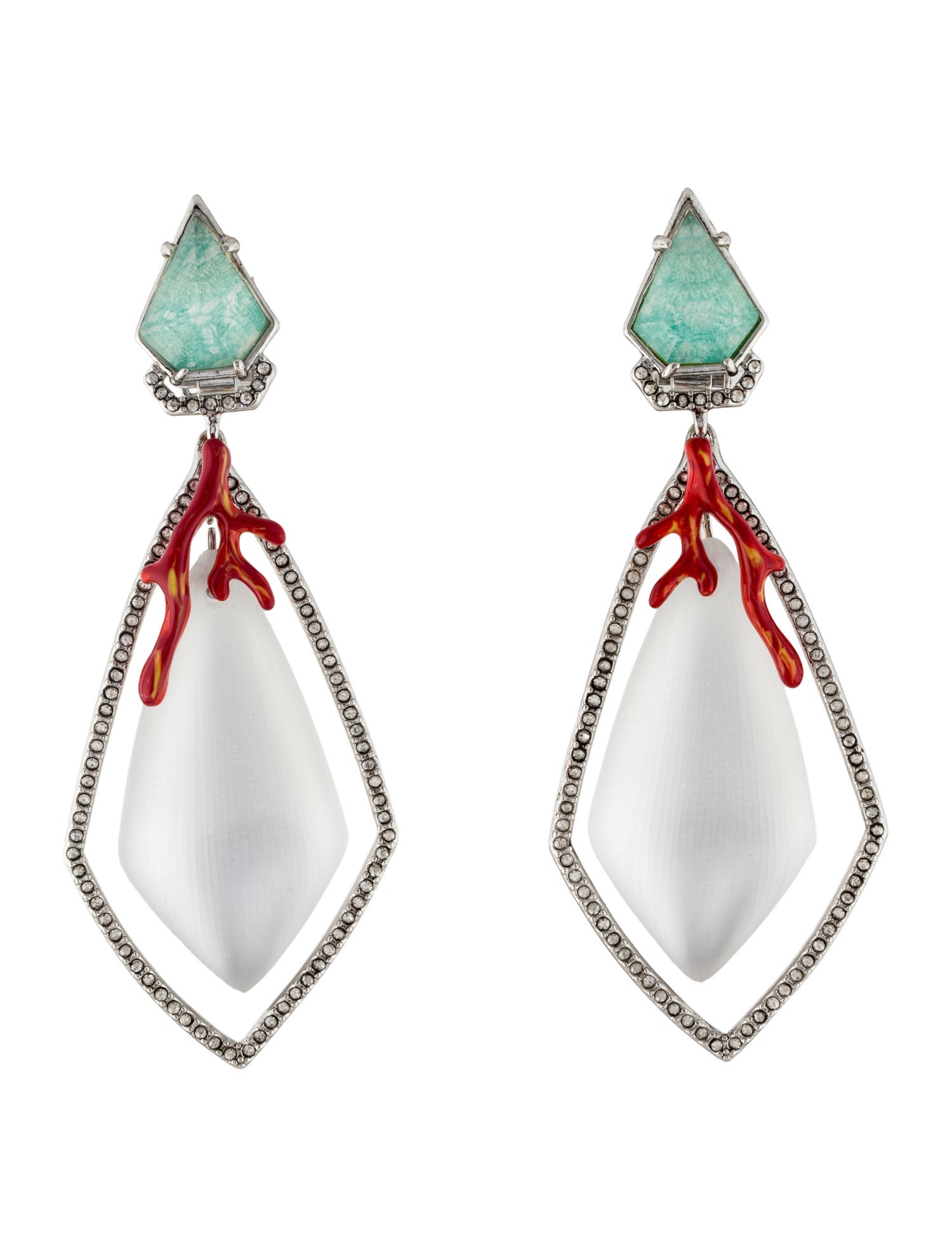 Alexis Bittar Archive Lucite, Coral & Crystal Frame Drop Eearrings