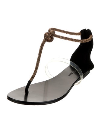 Aminah Abdul Jillil Suede Crystal Embellishments T-Strap Sandals