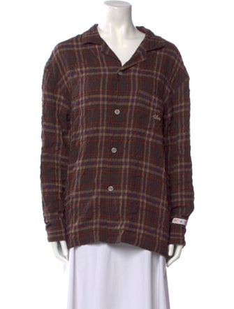 Advisory Board Crystals Linen Plaid Print Button-Up Top