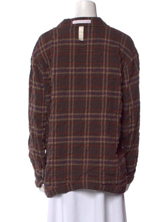 Advisory Board Crystals Linen Plaid Print Button-Up Top