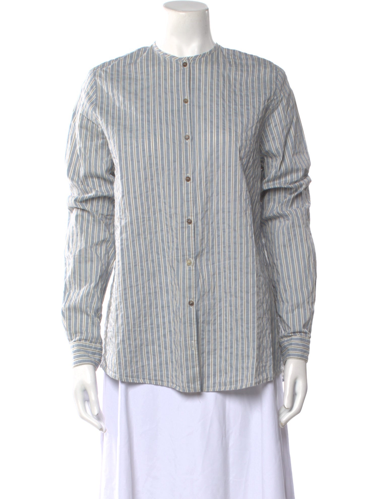 Apuntob Striped Crew Neck Button-Up Top