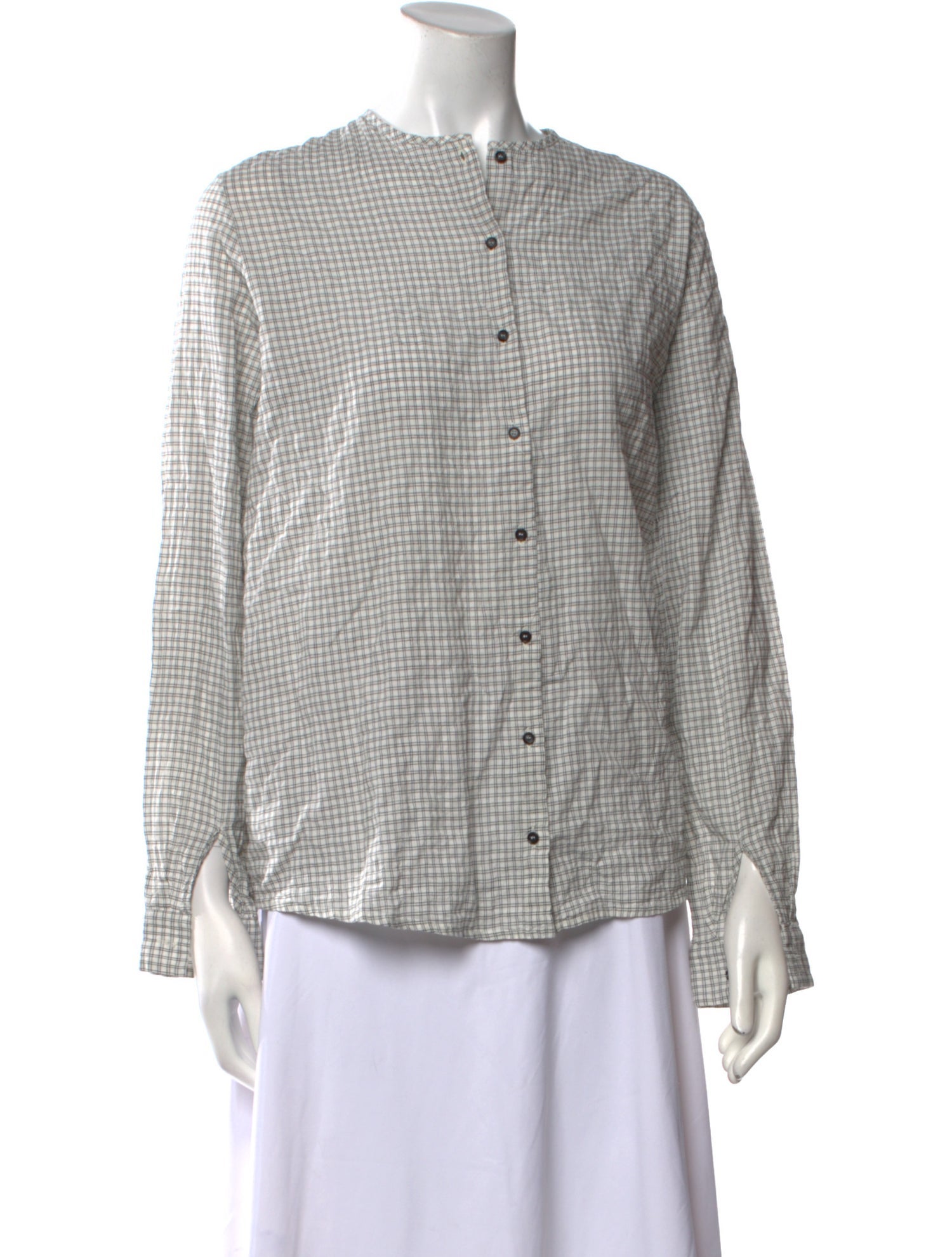 Apuntob Plaid Print Mock Neck Button-Up Top