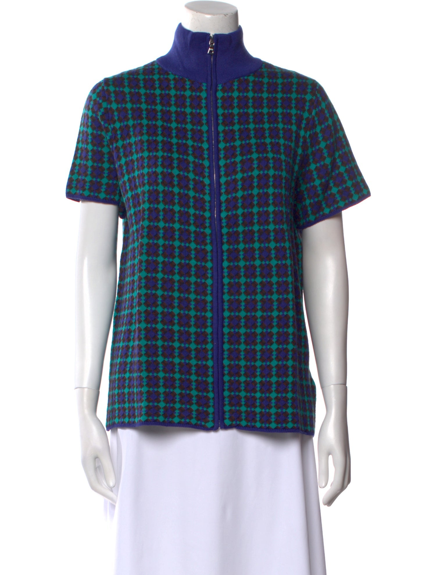 Adrian Cashmere Plaid Print Mock Neck Button-Up Top