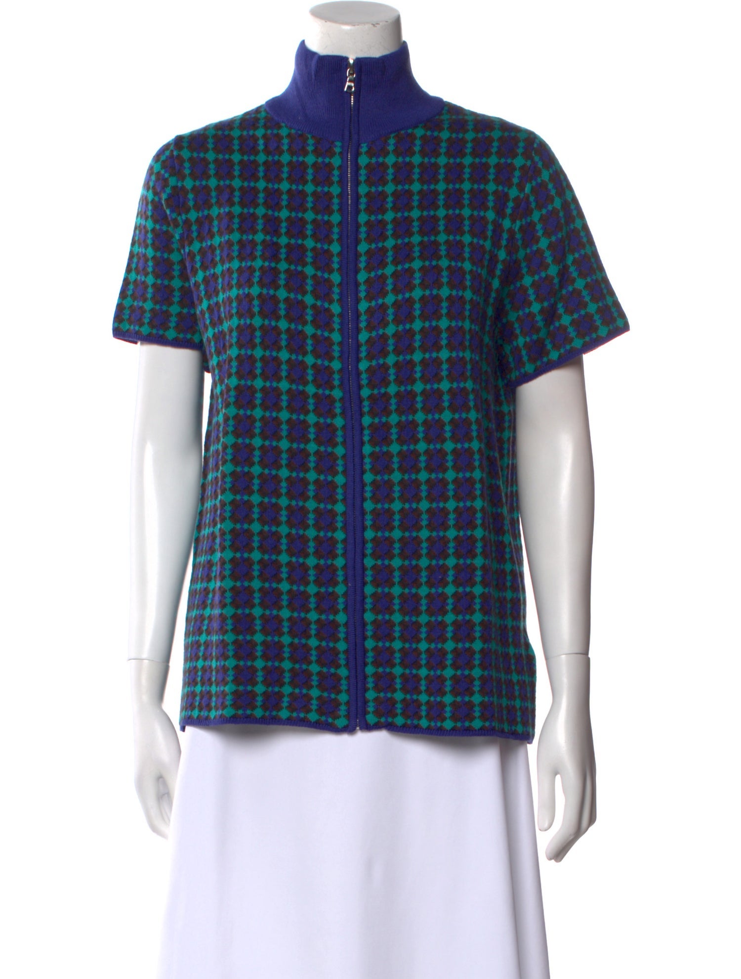 Adrian Cashmere Plaid Print Mock Neck Button-Up Top