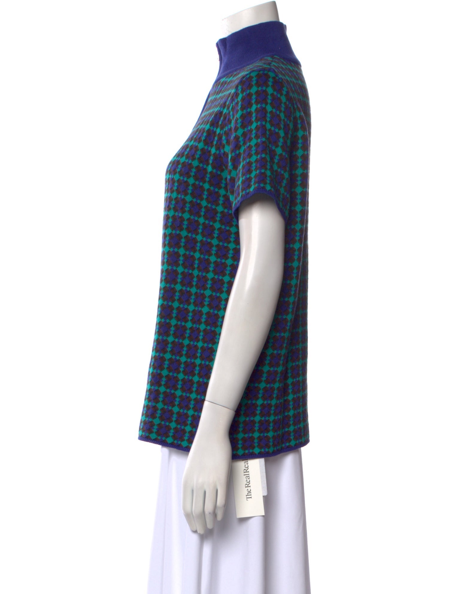 Adrian Cashmere Plaid Print Mock Neck Button-Up Top