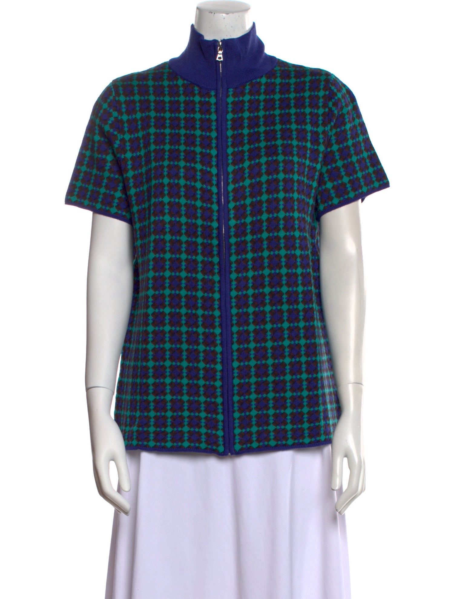 Adrian Cashmere Plaid Print Mock Neck Button-Up Top