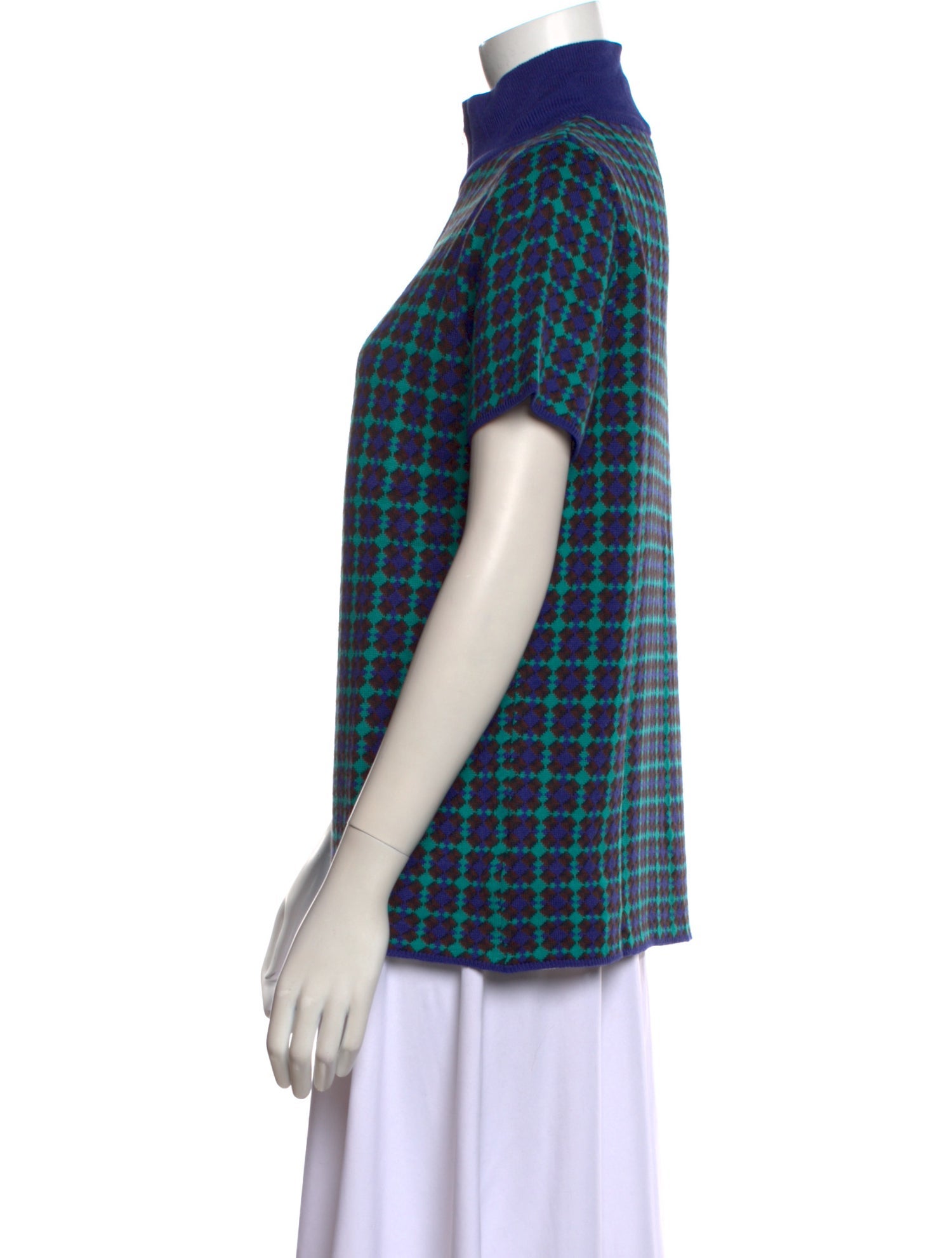 Adrian Cashmere Plaid Print Mock Neck Button-Up Top