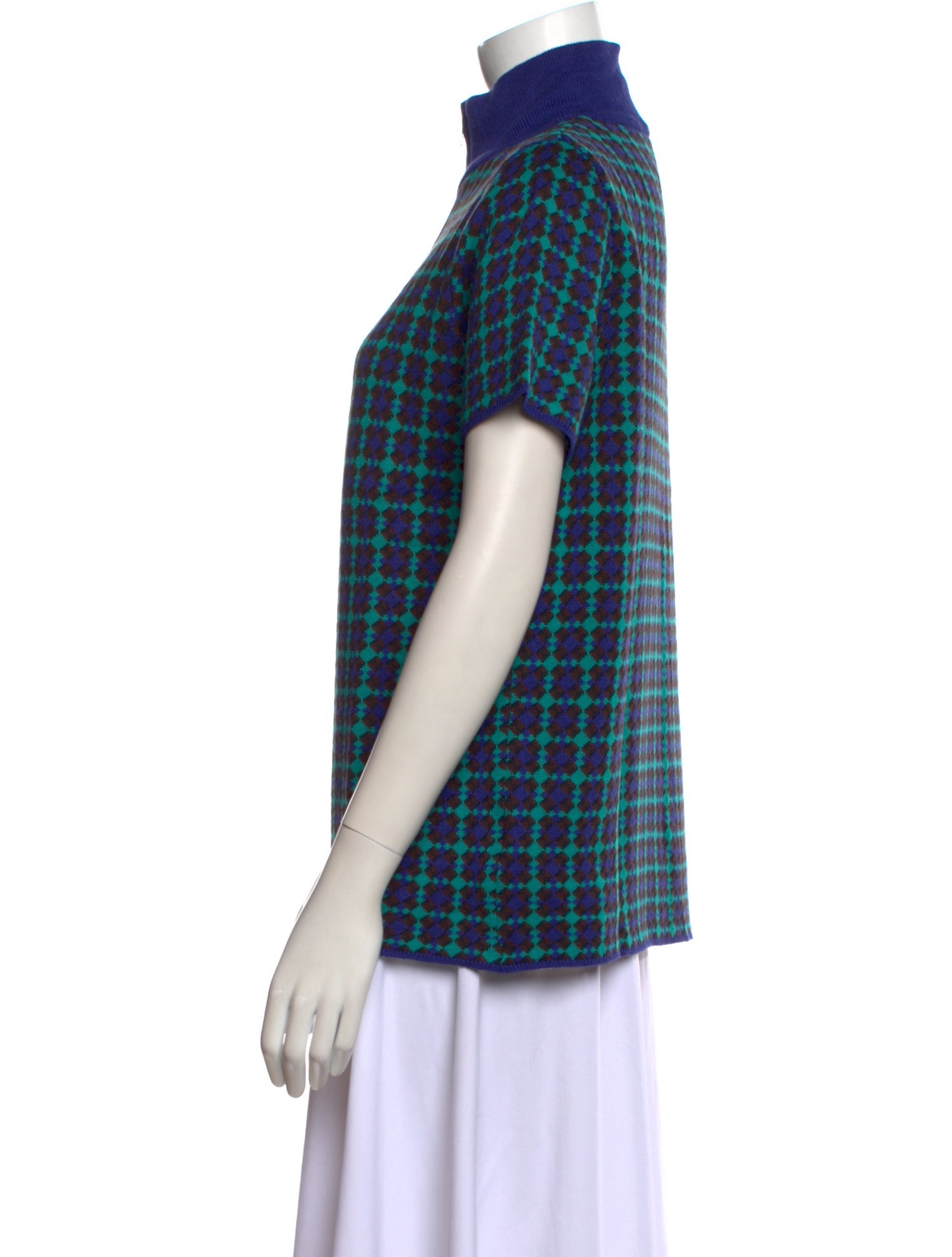 Adrian Cashmere Plaid Print Mock Neck Button-Up Top