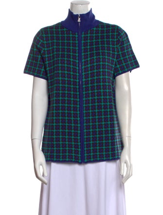 Adrian Cashmere Plaid Print Mock Neck Button-Up Top