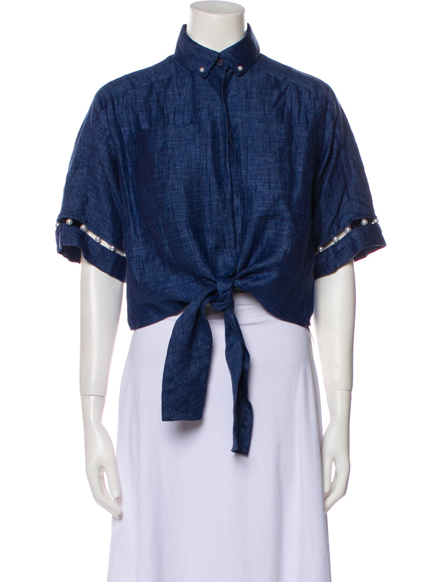 Adam Selman Linen Short Sleeve Crop Top