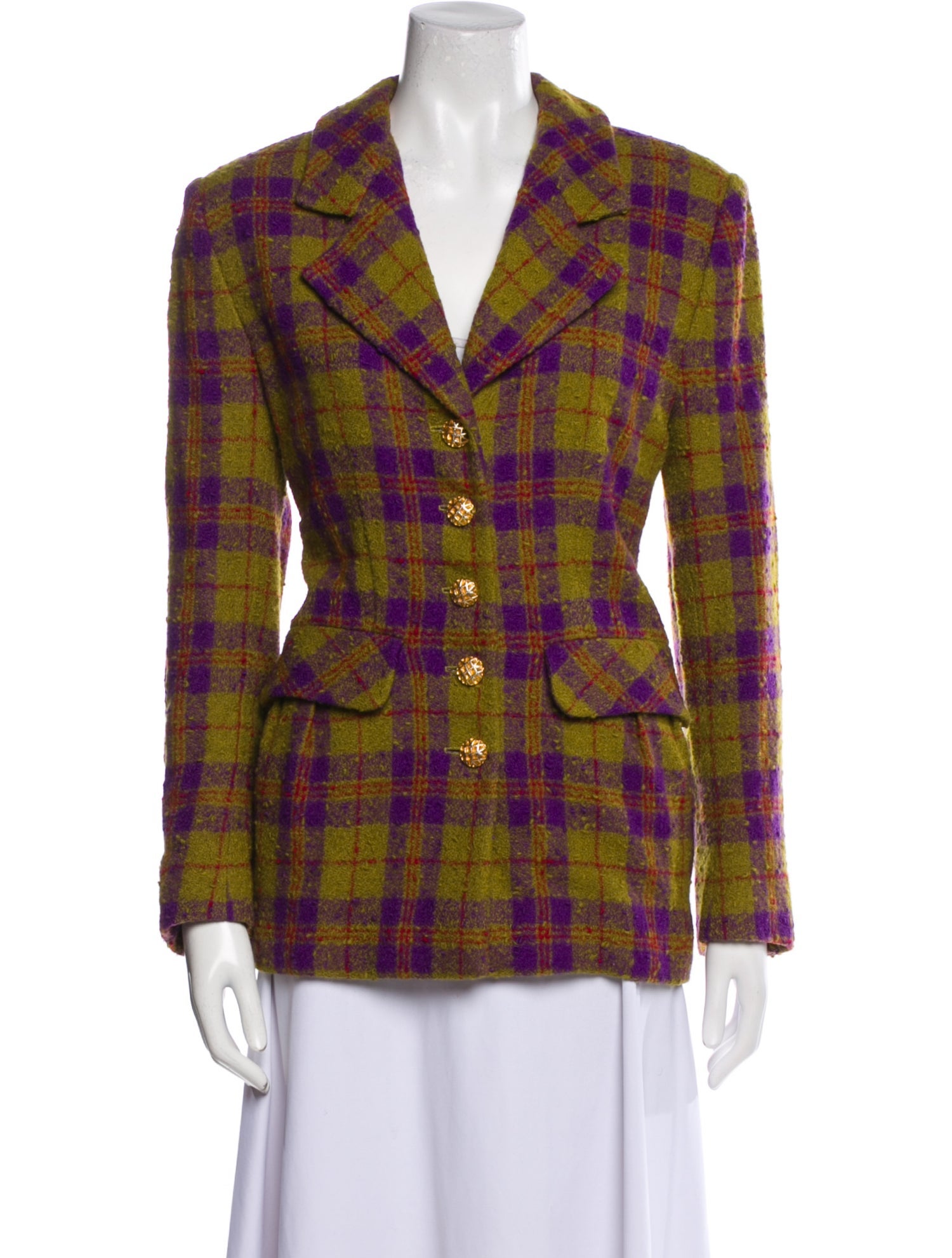 Adolfo Wool Plaid Print Blazer