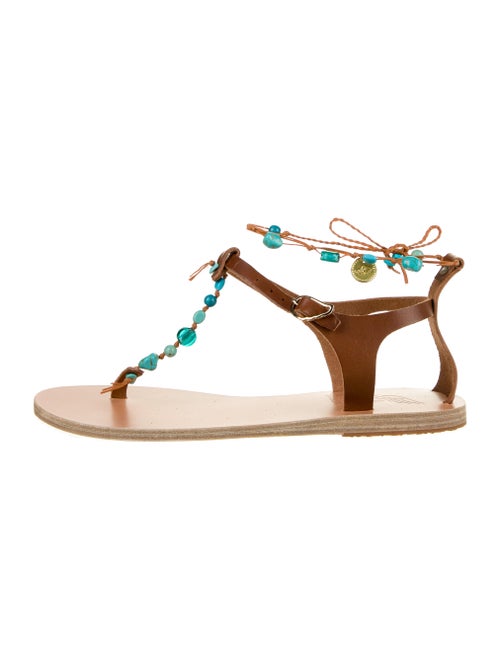 Ancient Greek Sandals Leather Beaded Accents T-Str