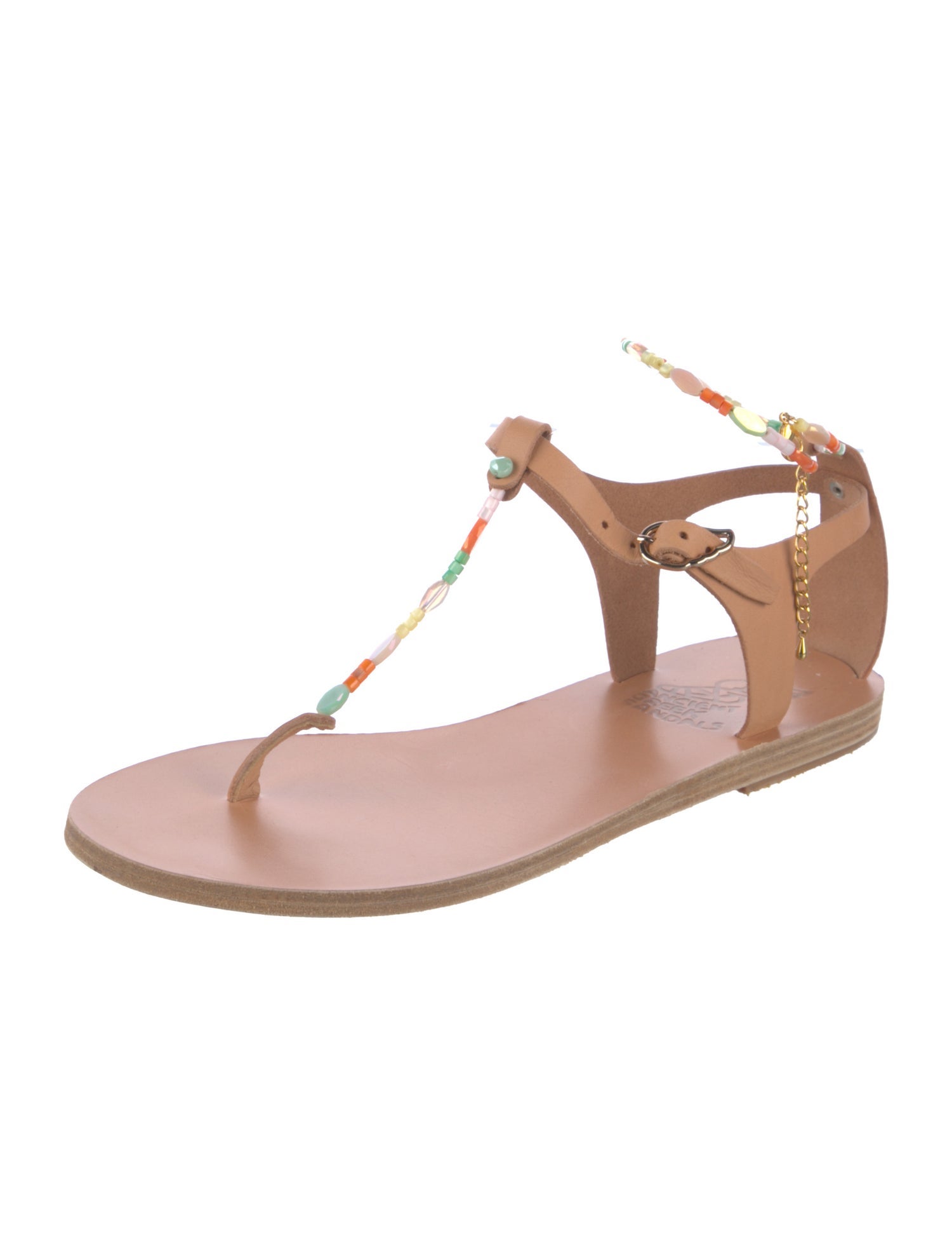 Ancient Greek Sandals Leather Beaded Accents T-Strap Sandals
