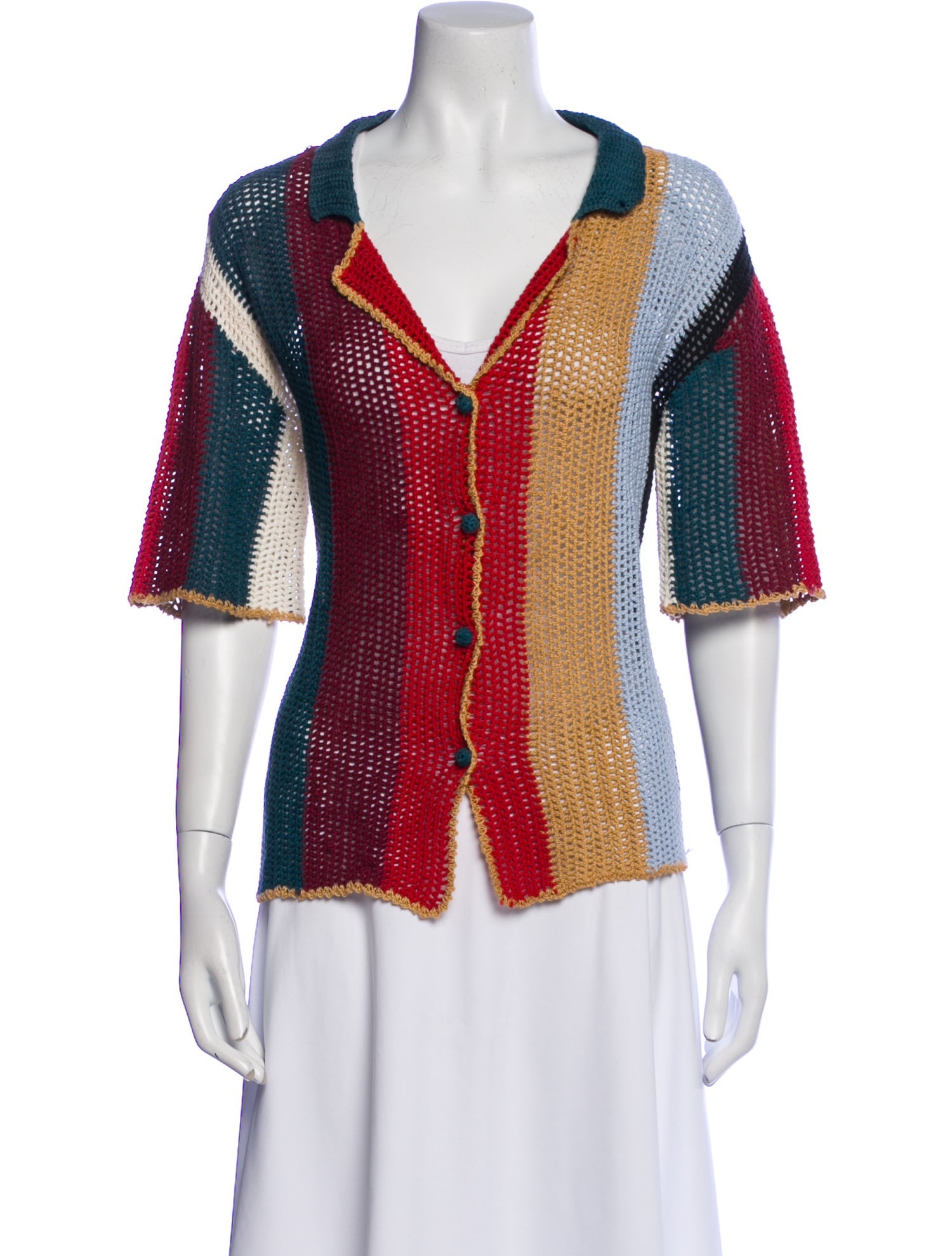 Agua Bendita Crochet Colorblock Pattern Button-Up Top