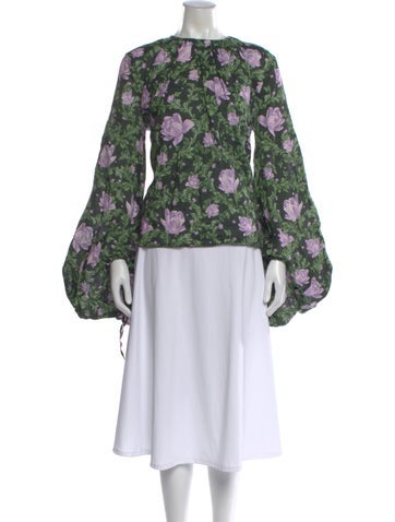 Pre-owned Agua Bendita Linen Floral Print Blouse In Green