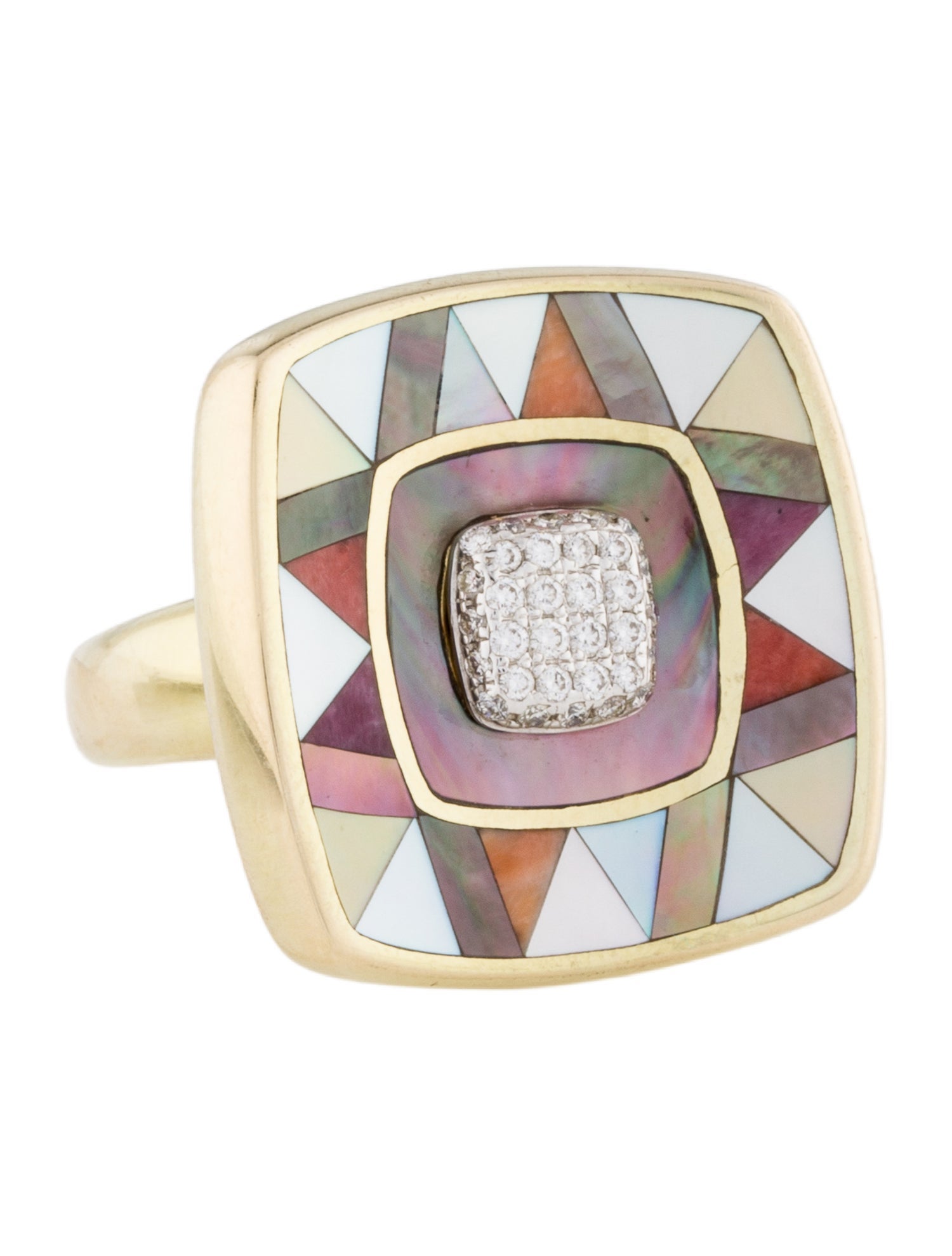 Asch Grossbardt 14K Mother of Pearl, Shel & Diamond Mosaic Cocktail Ring