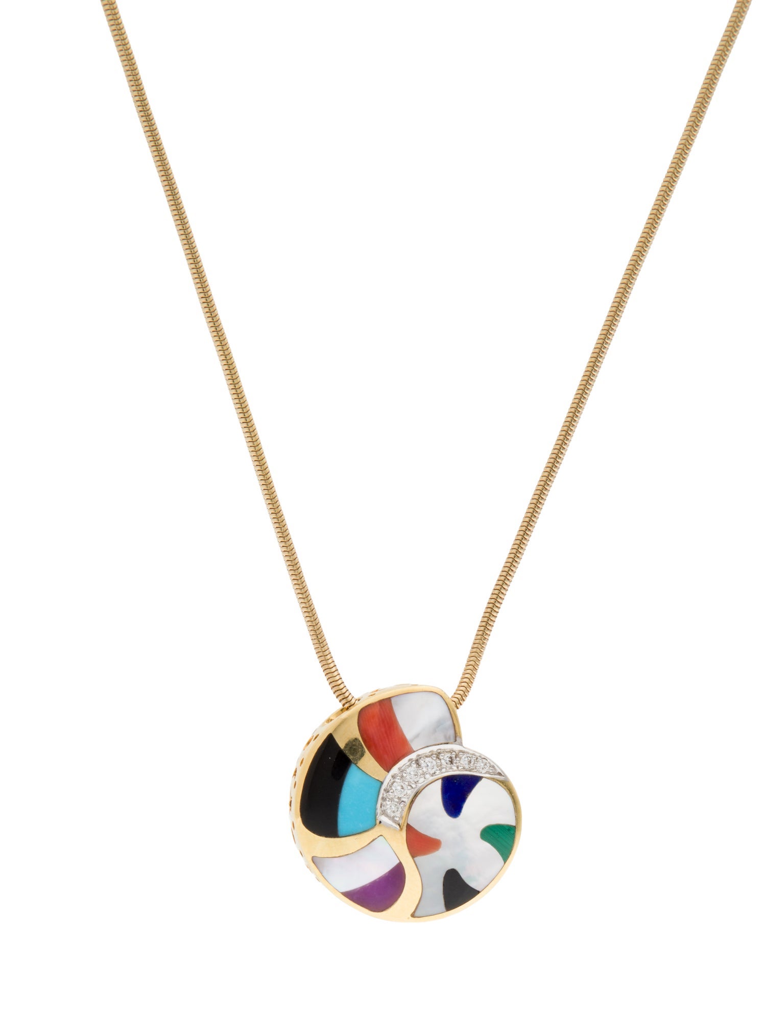 Asch Grossbardt 14K Mother of Pearl, Coral, Diamond & Multistone Pendant Necklace w/ Unbranded Chain