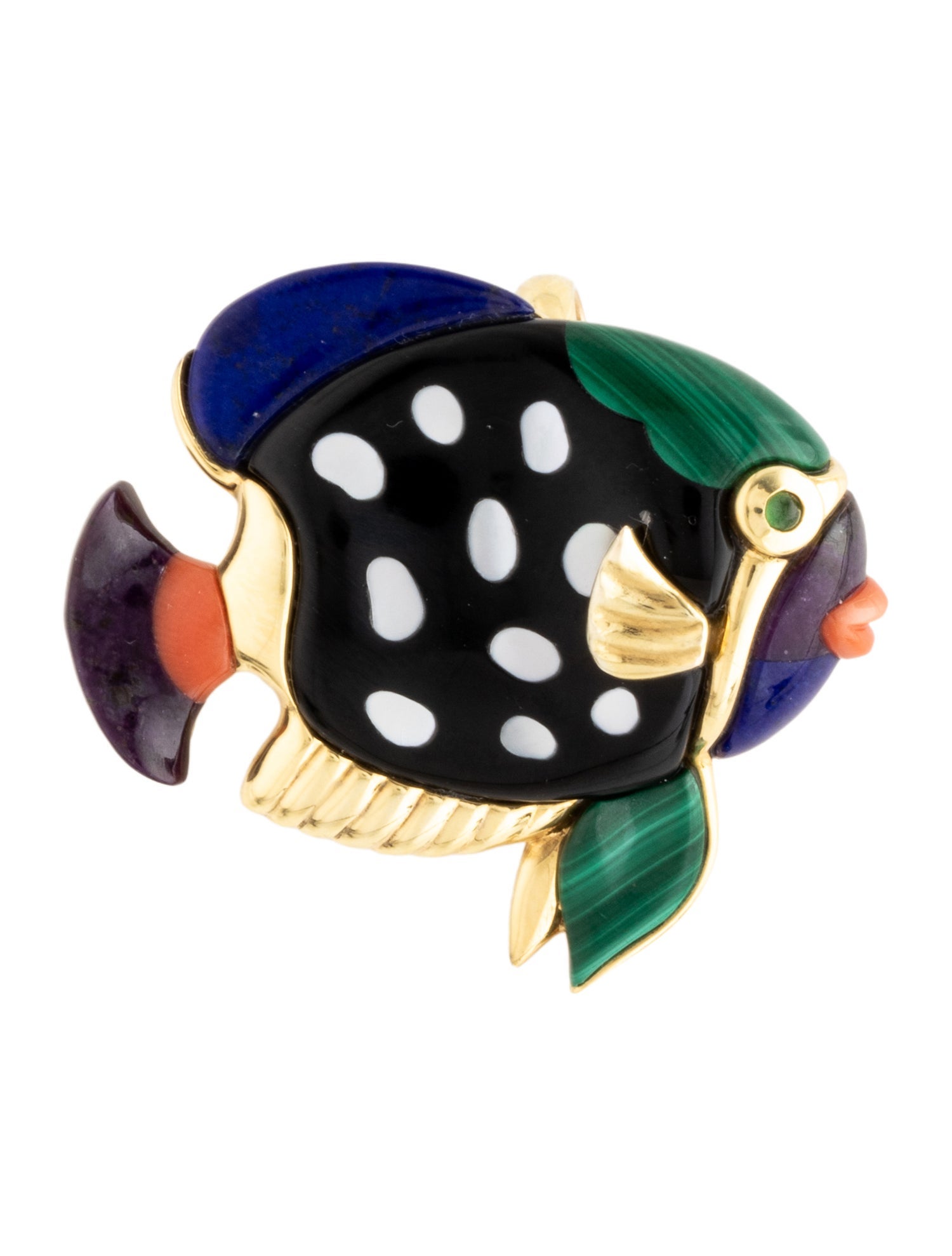 Asch Grossbardt 14K Mother of Pearl, Coral & Multistone Fish Brooch Pendant