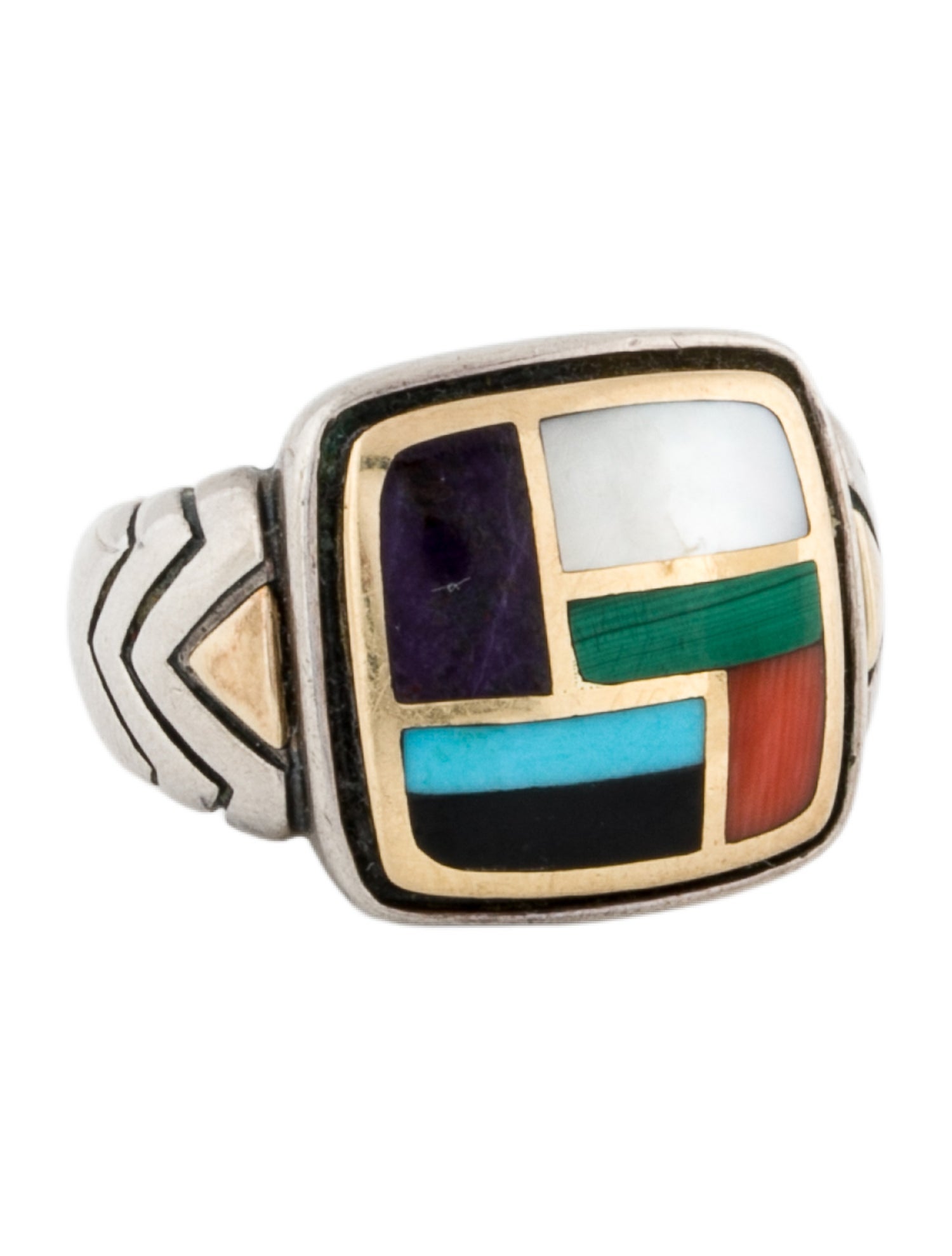 Asch Grossbardt Mother of Pearl, Coral, & Multistone Signet Ring