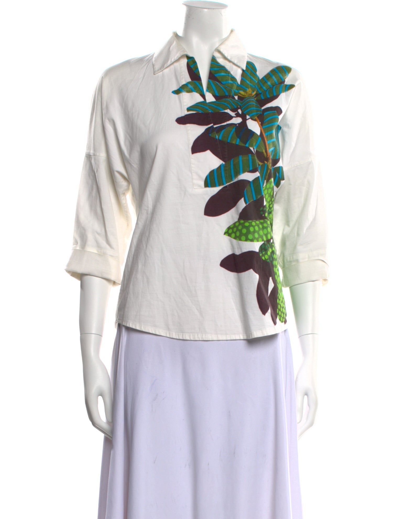 Akris Punto Graphic Print Three-Quarter Sleeve Button-Up Top