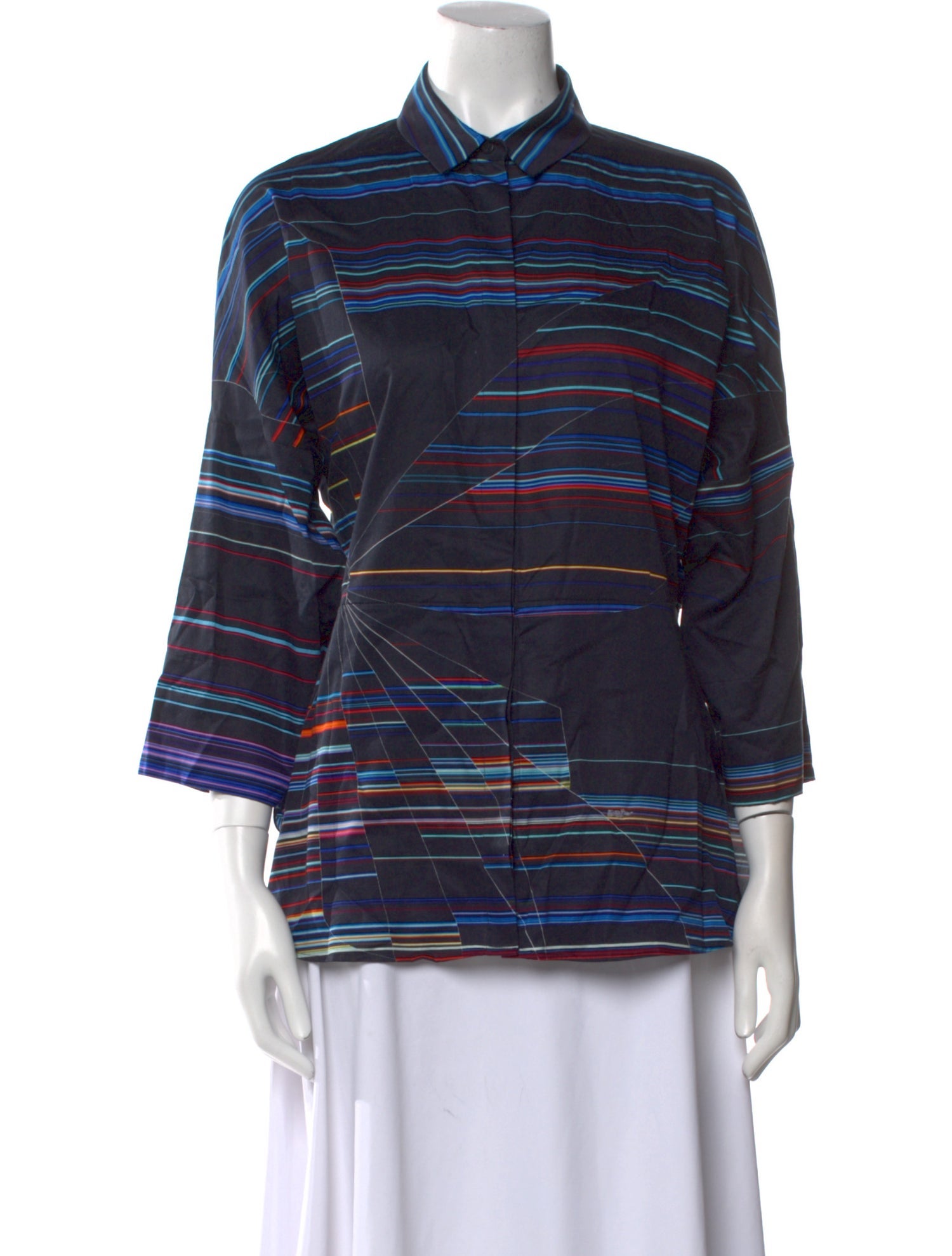 Akris Punto Striped Three-Quarter Sleeve Button-Up Top