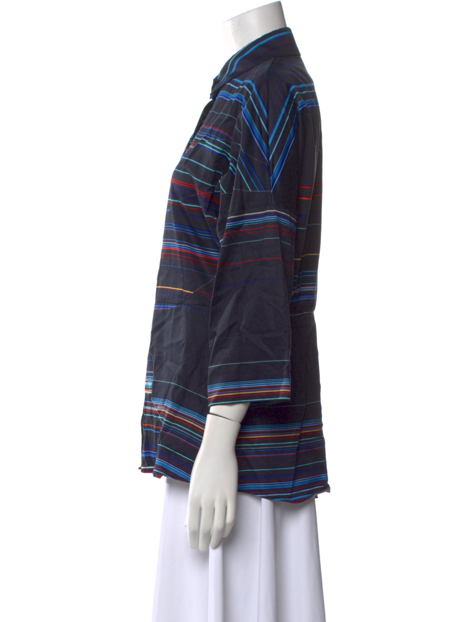 Akris Punto Striped Three-Quarter Sleeve Button-Up Top