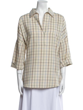 Akris Punto Plaid Print Three-Quarter Sleeve Button-Up Top