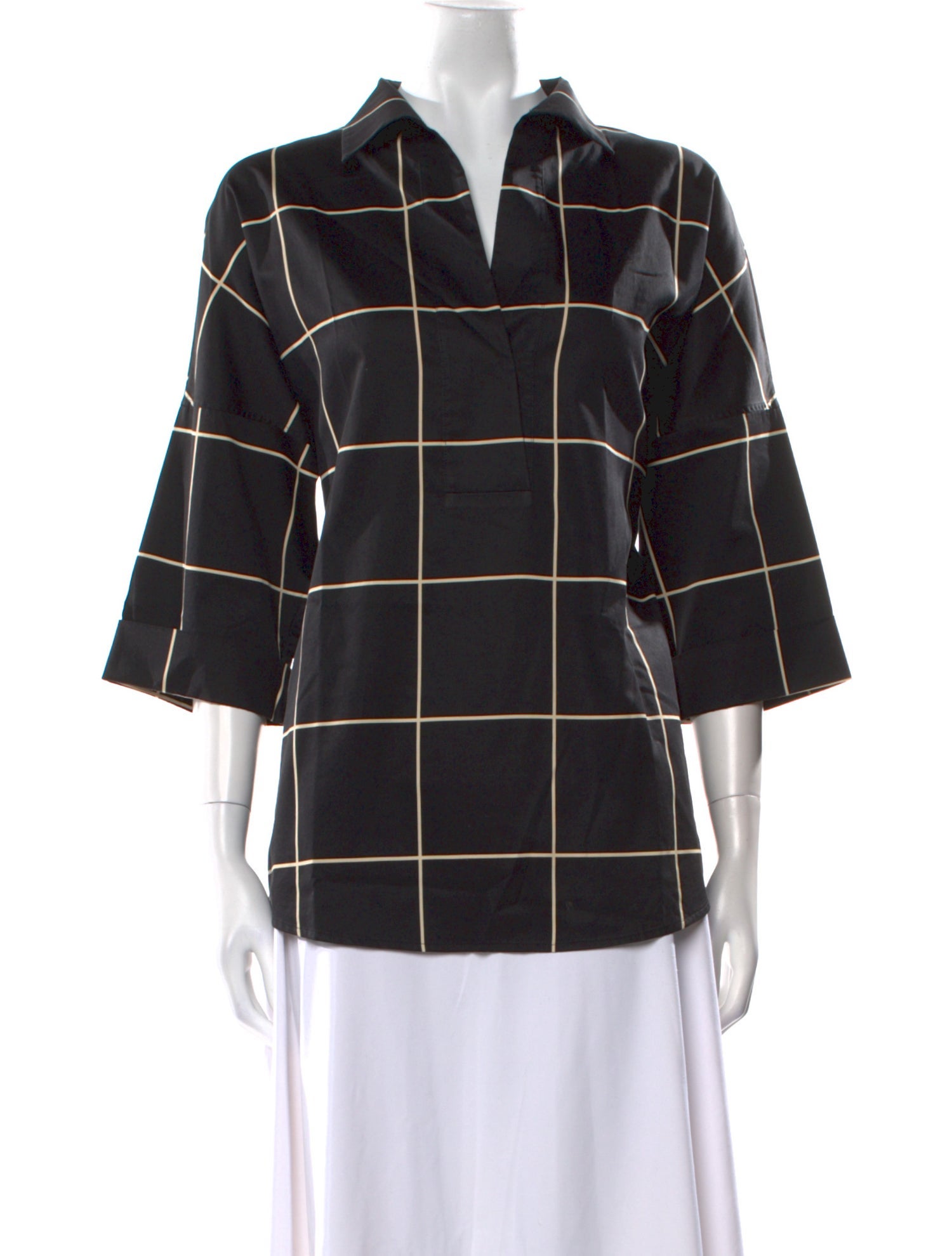 Akris Punto Plaid Print Three-Quarter Sleeve Button-Up Top