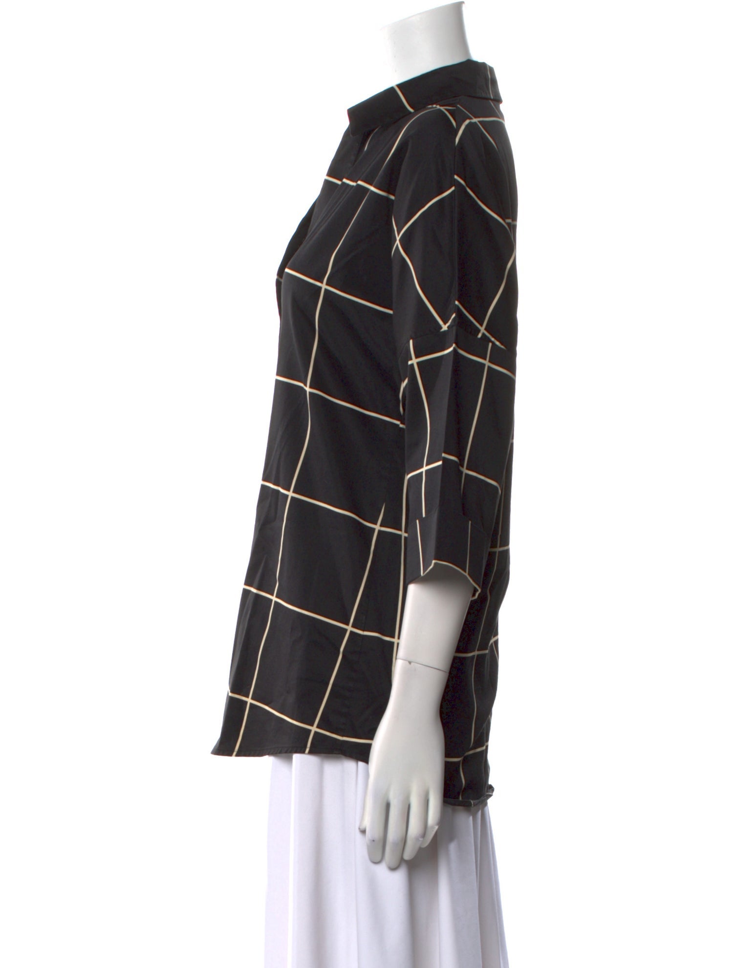 Akris Punto Plaid Print Three-Quarter Sleeve Button-Up Top