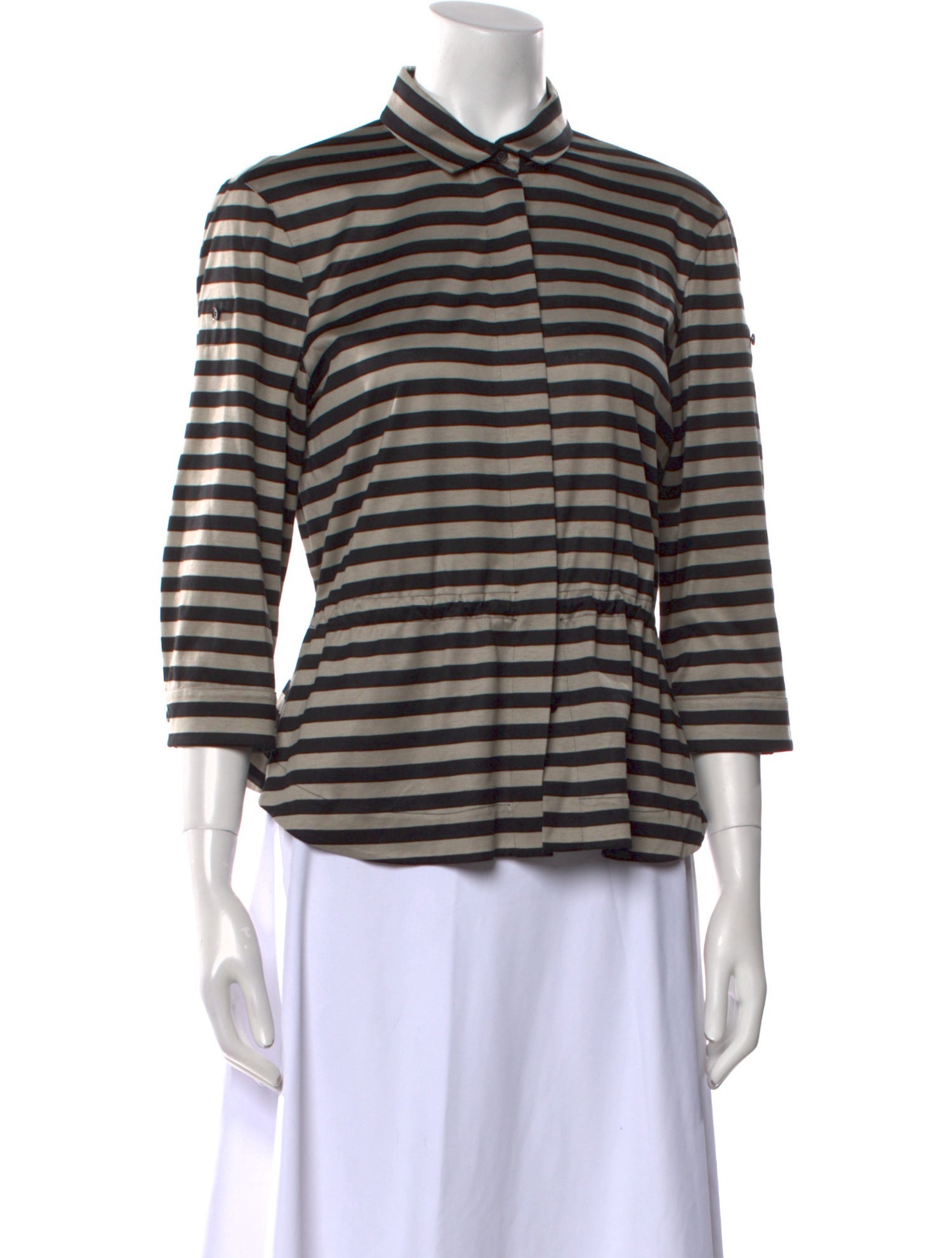Akris Punto Striped Three-Quarter Sleeve Button-Up Top w/ Tags